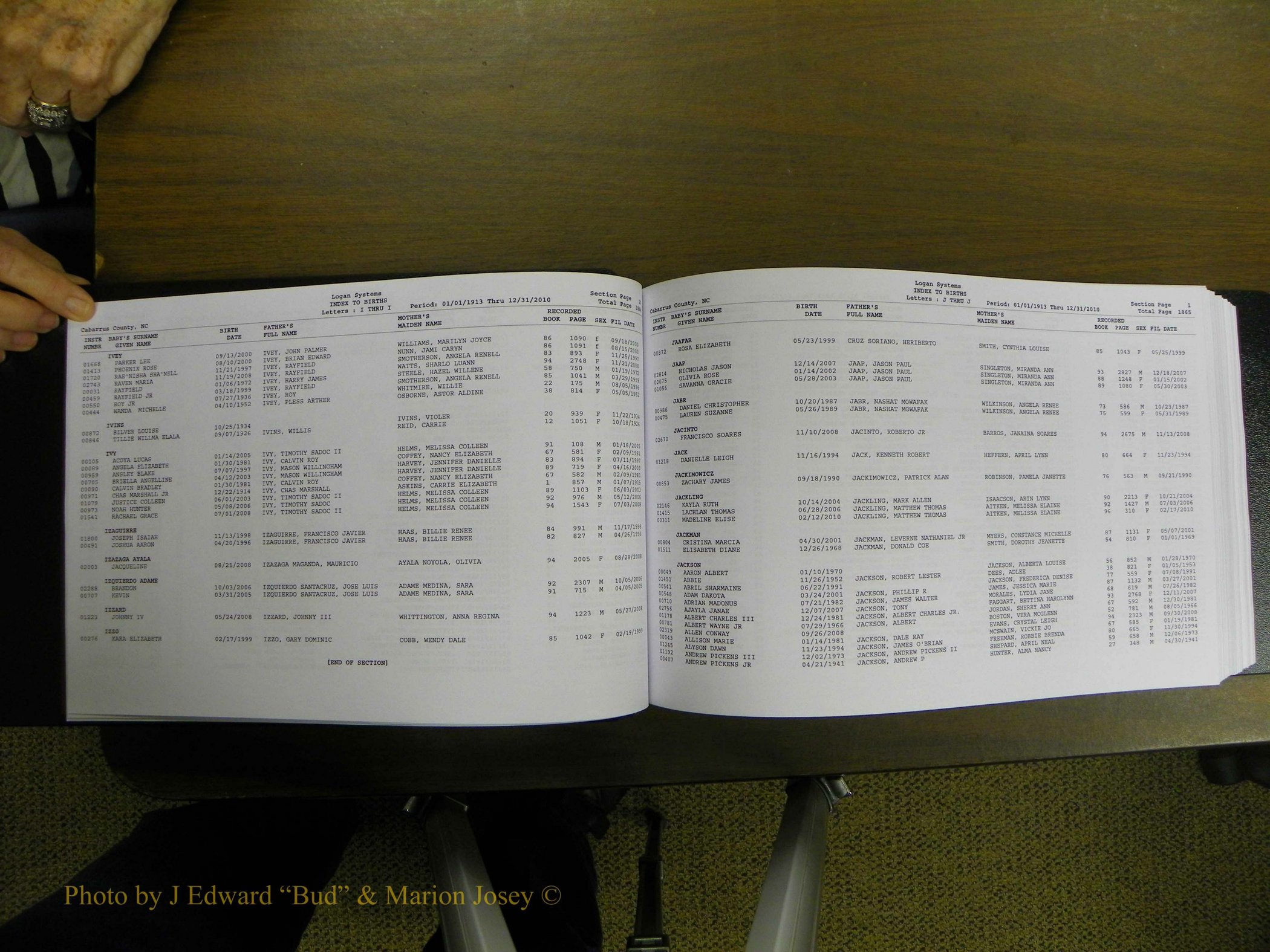 Cabarrus Births Index, I-M, 1913-2010 013.JPG