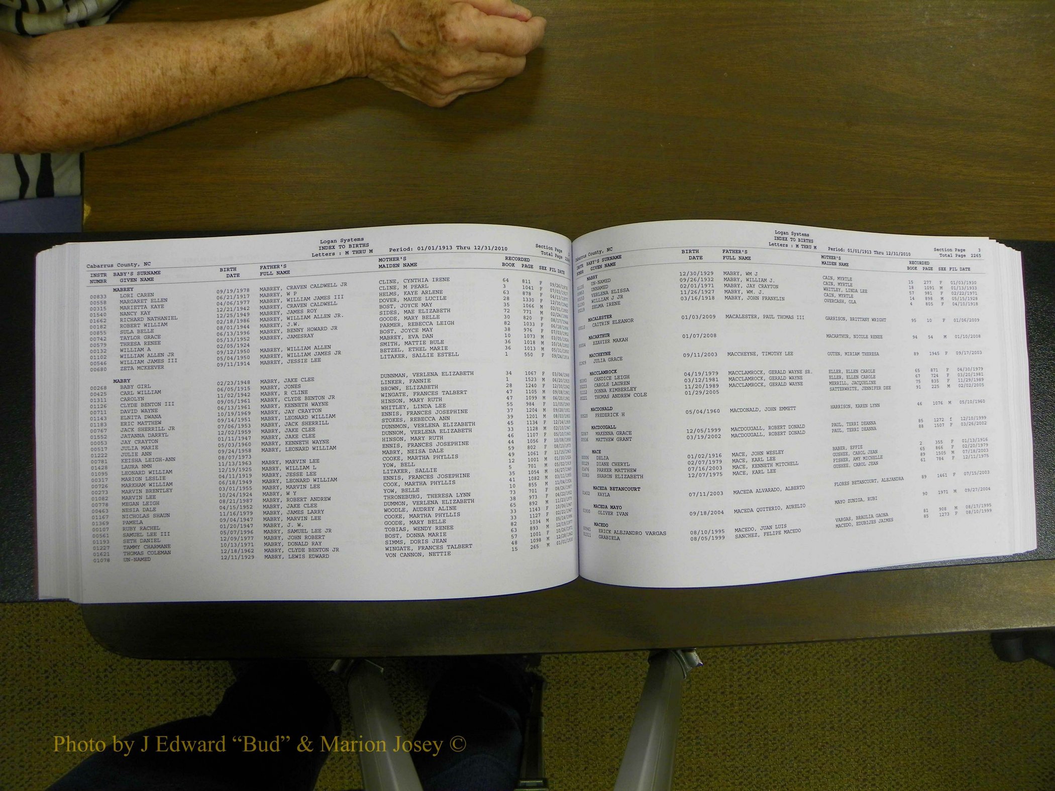 Cabarrus Births Index, I-M, 1913-2010 213.JPG
