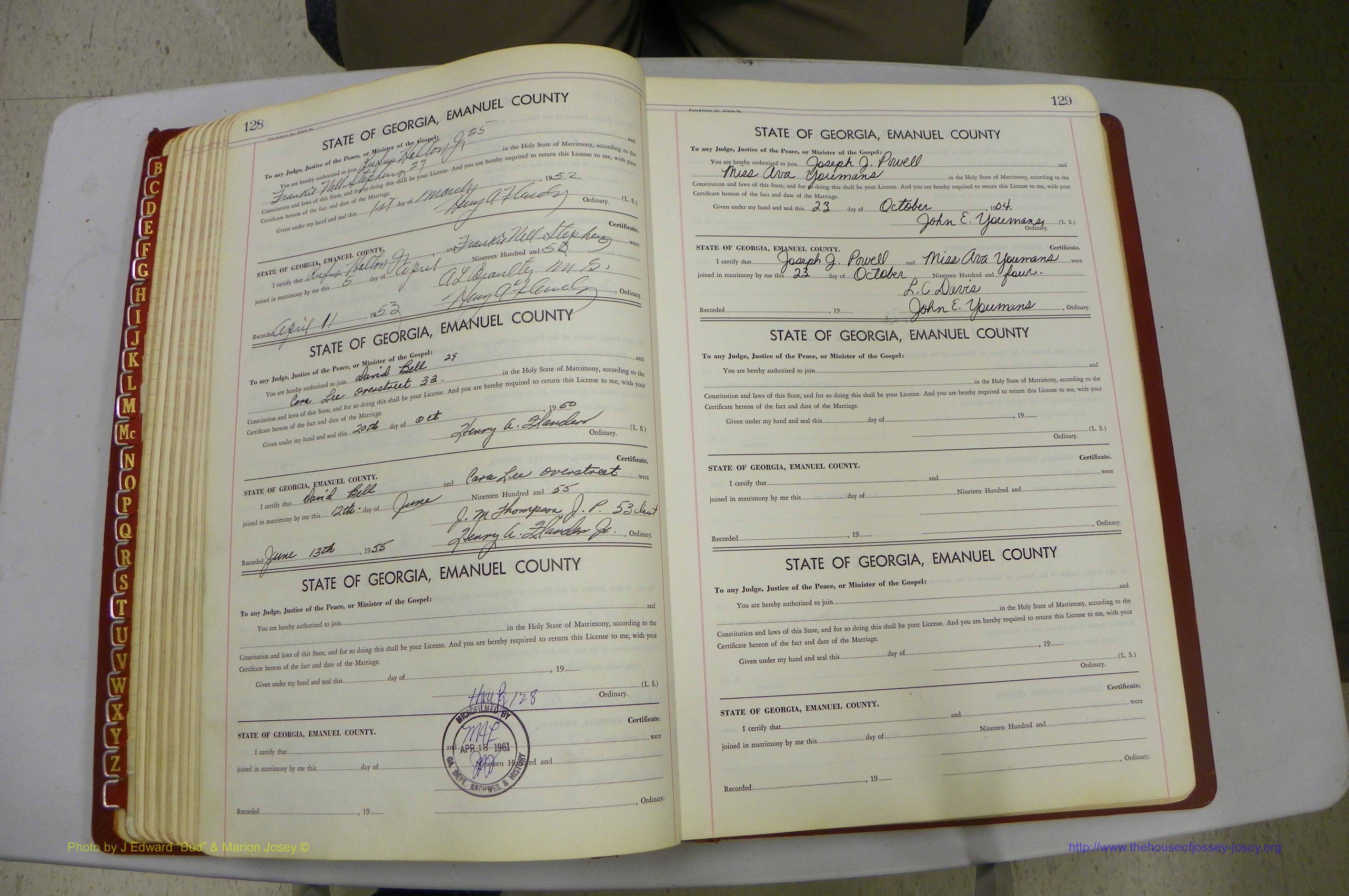 Emanuel Co, GA, Marriages Book K, 1949 - 1955, P 128-129.JPG