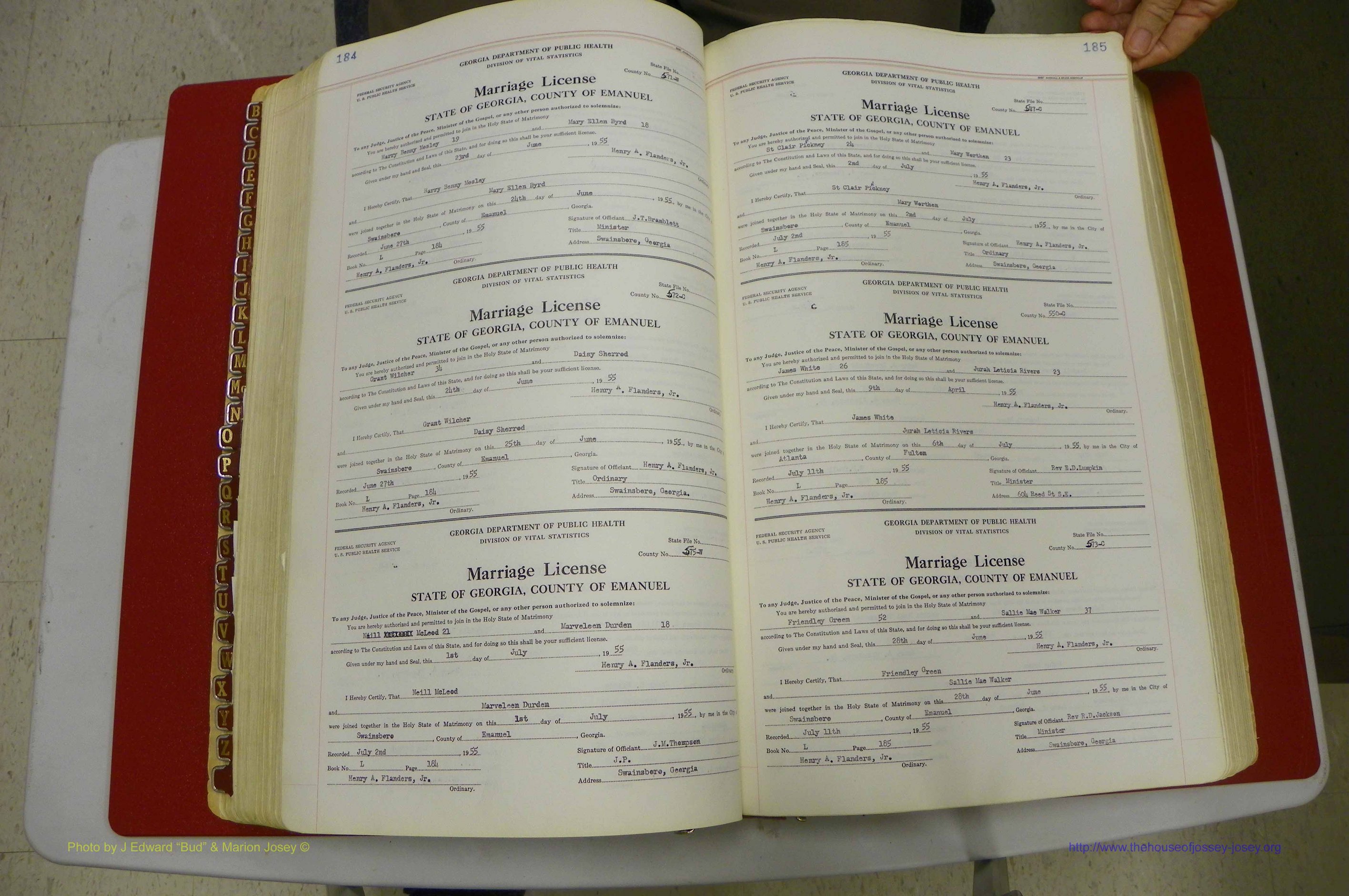 Emanuel Co, GA, Marriages Book L, 1952 - 1962, P 184-185.JPG