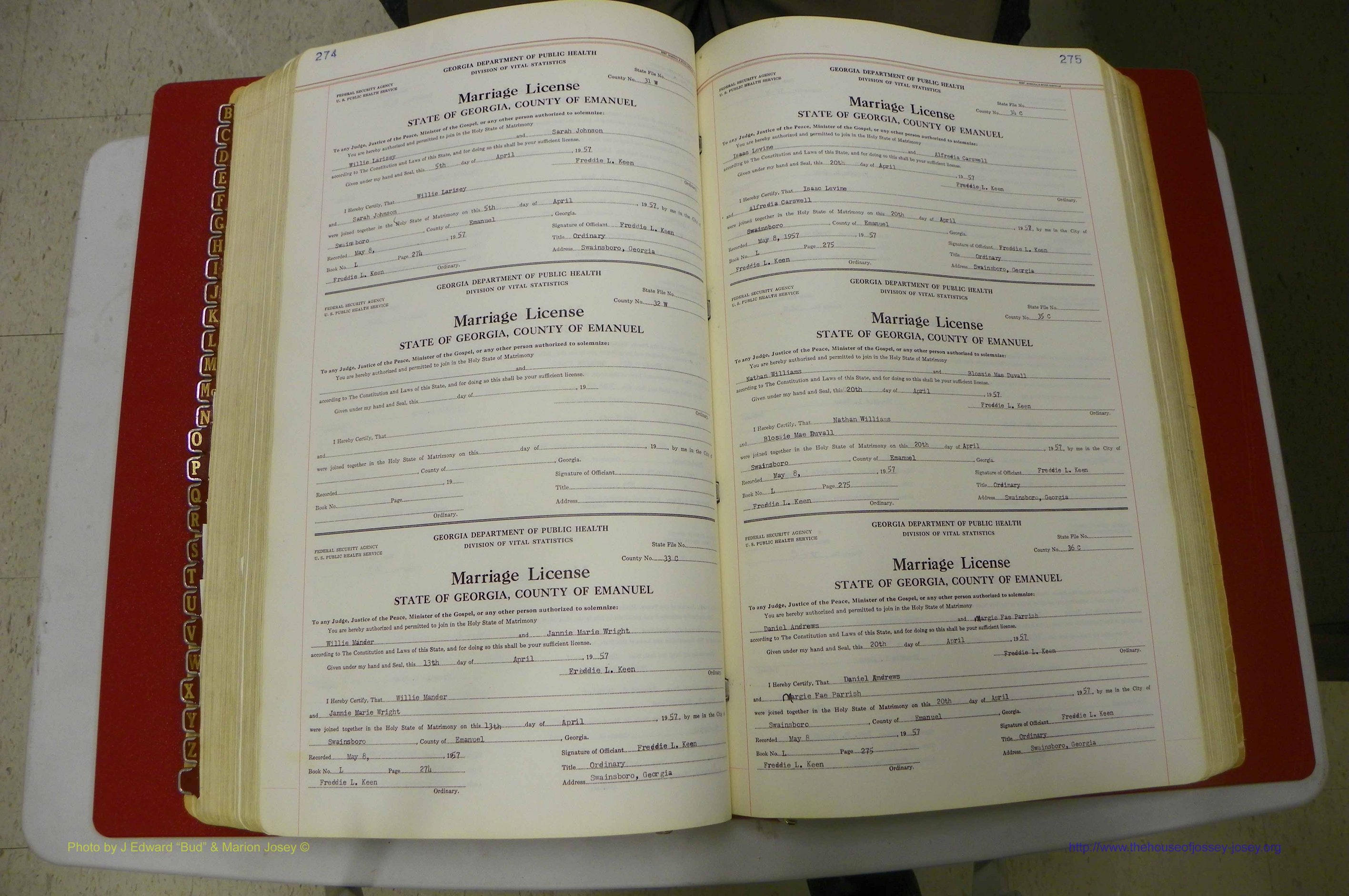 Emanuel Co, GA, Marriages Book L, 1952 - 1962, P 274-275.JPG