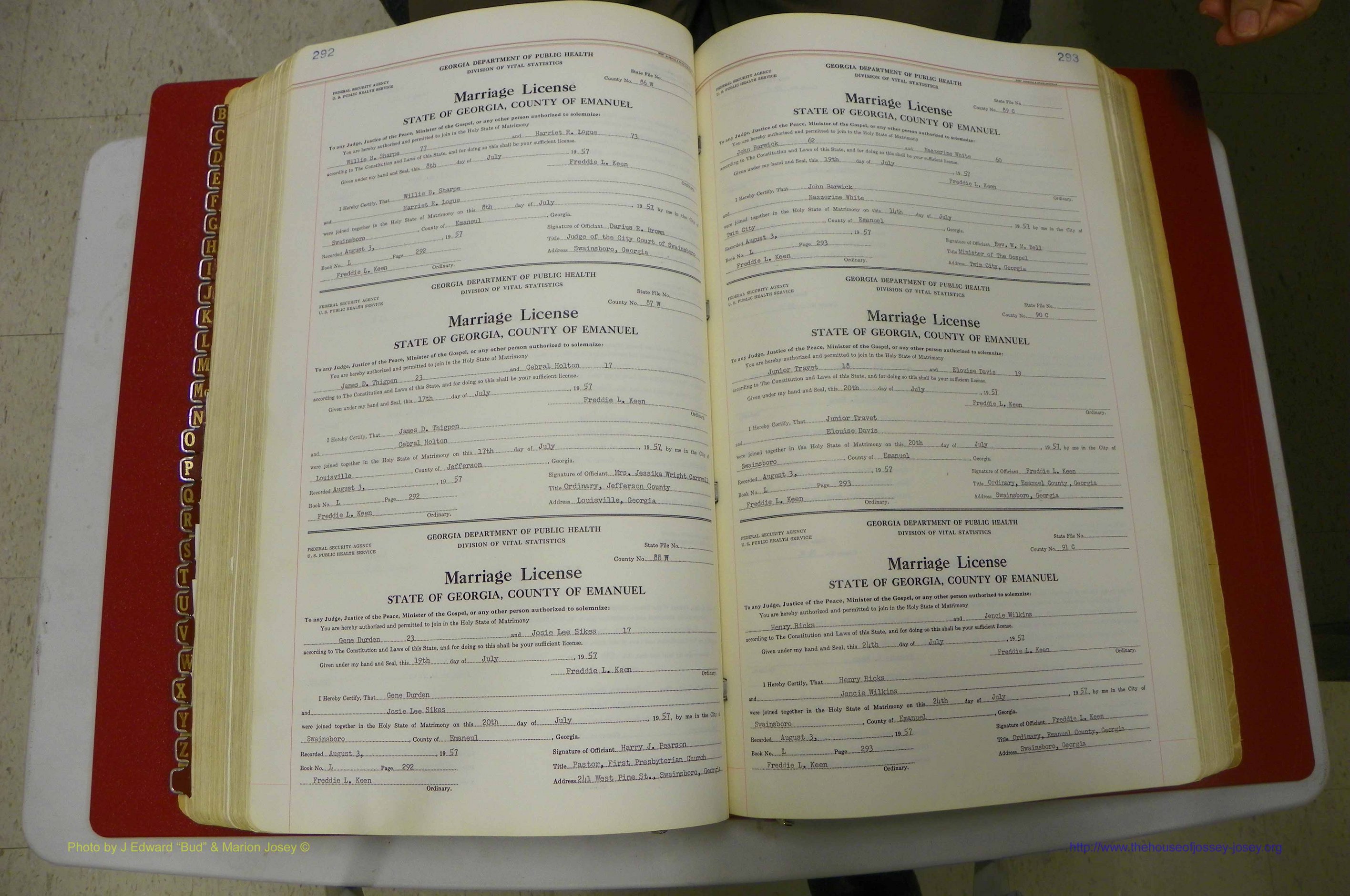 Emanuel Co, GA, Marriages Book L, 1952 - 1962, P 292-293.JPG