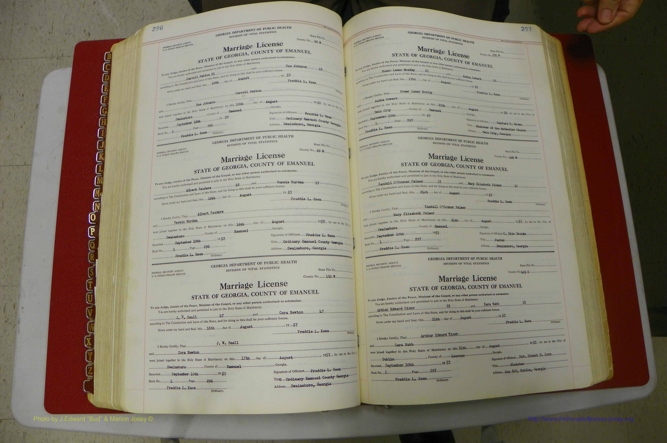 Emanuel Co, GA, Marriages Book L, 1952 - 1962, P 296-297.JPG