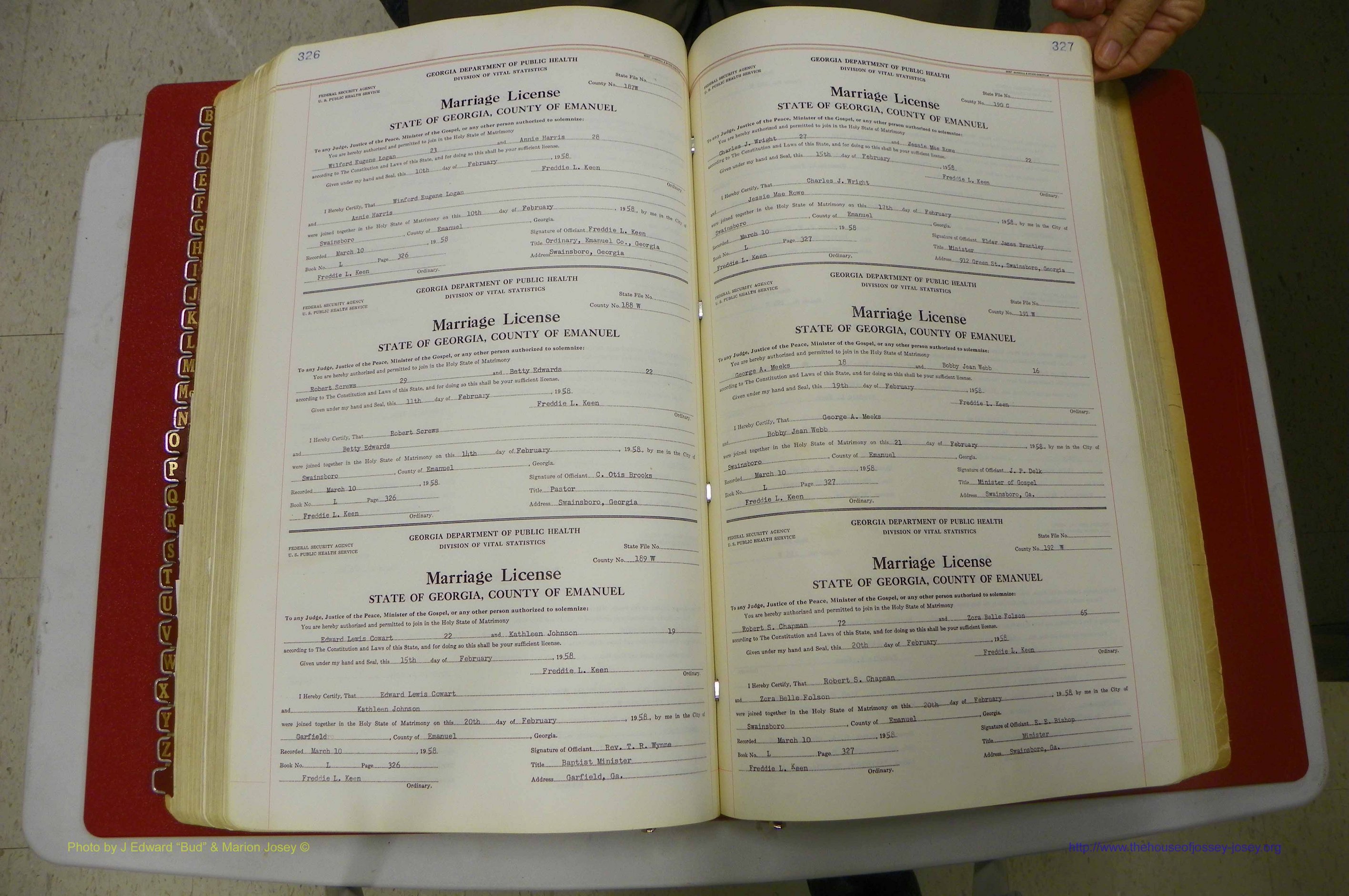 Emanuel Co, GA, Marriages Book L, 1952 - 1962, P 326-327.JPG