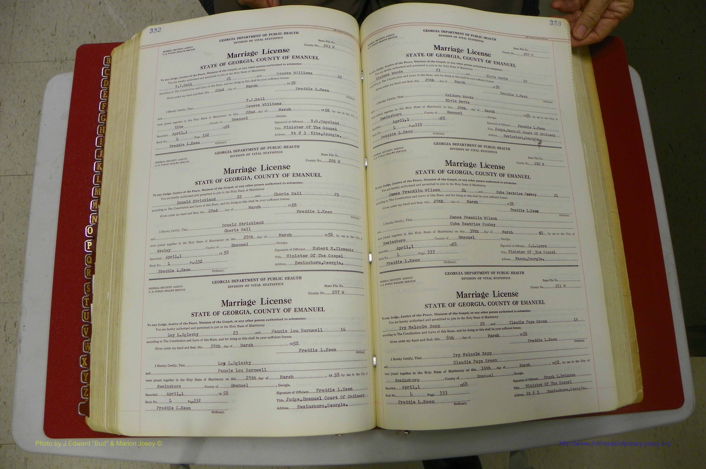 Emanuel Co, GA, Marriages Book L, 1952 - 1962, P 332-333.JPG