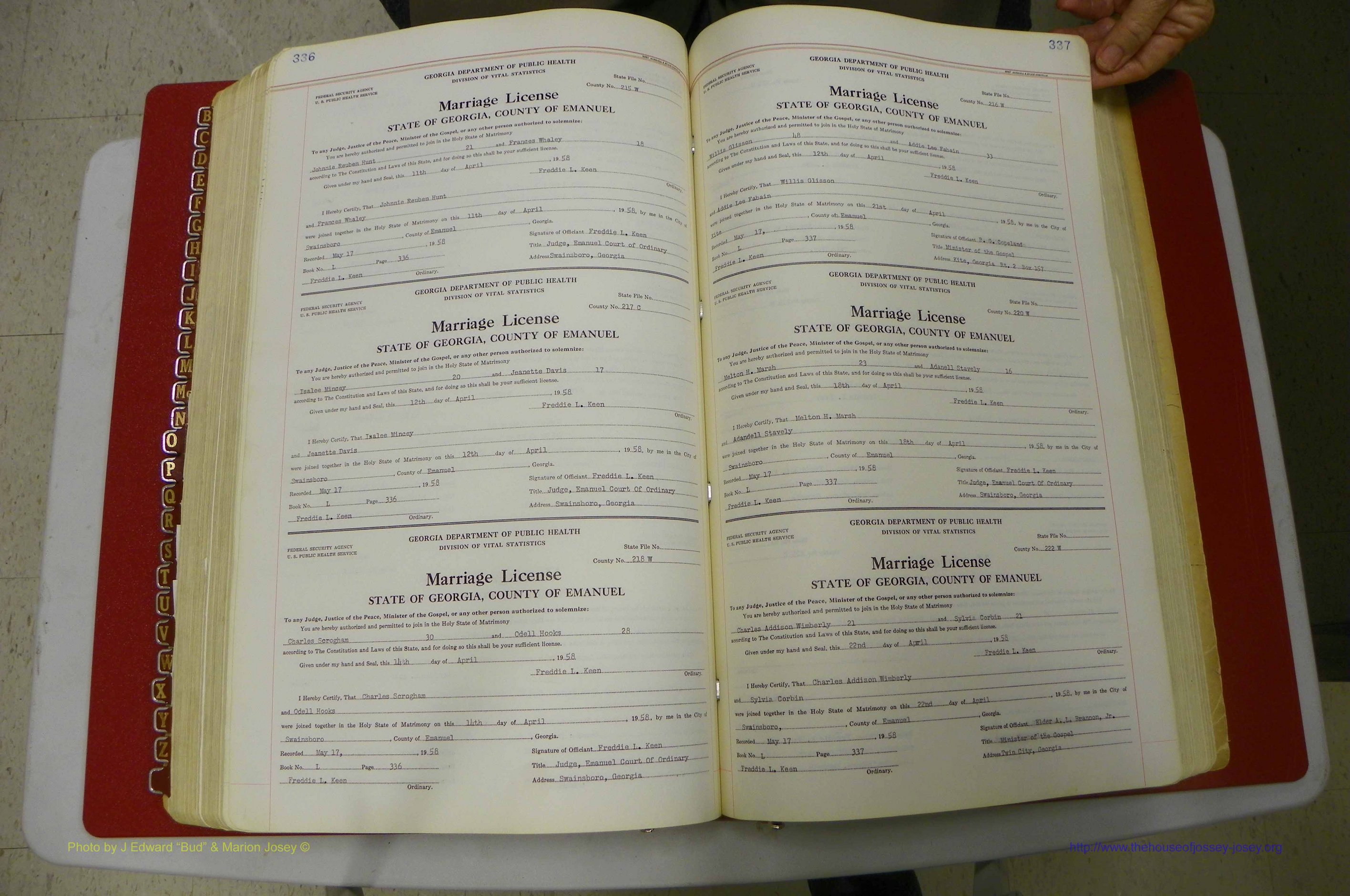 Emanuel Co, GA, Marriages Book L, 1952 - 1962, P 336-337.JPG