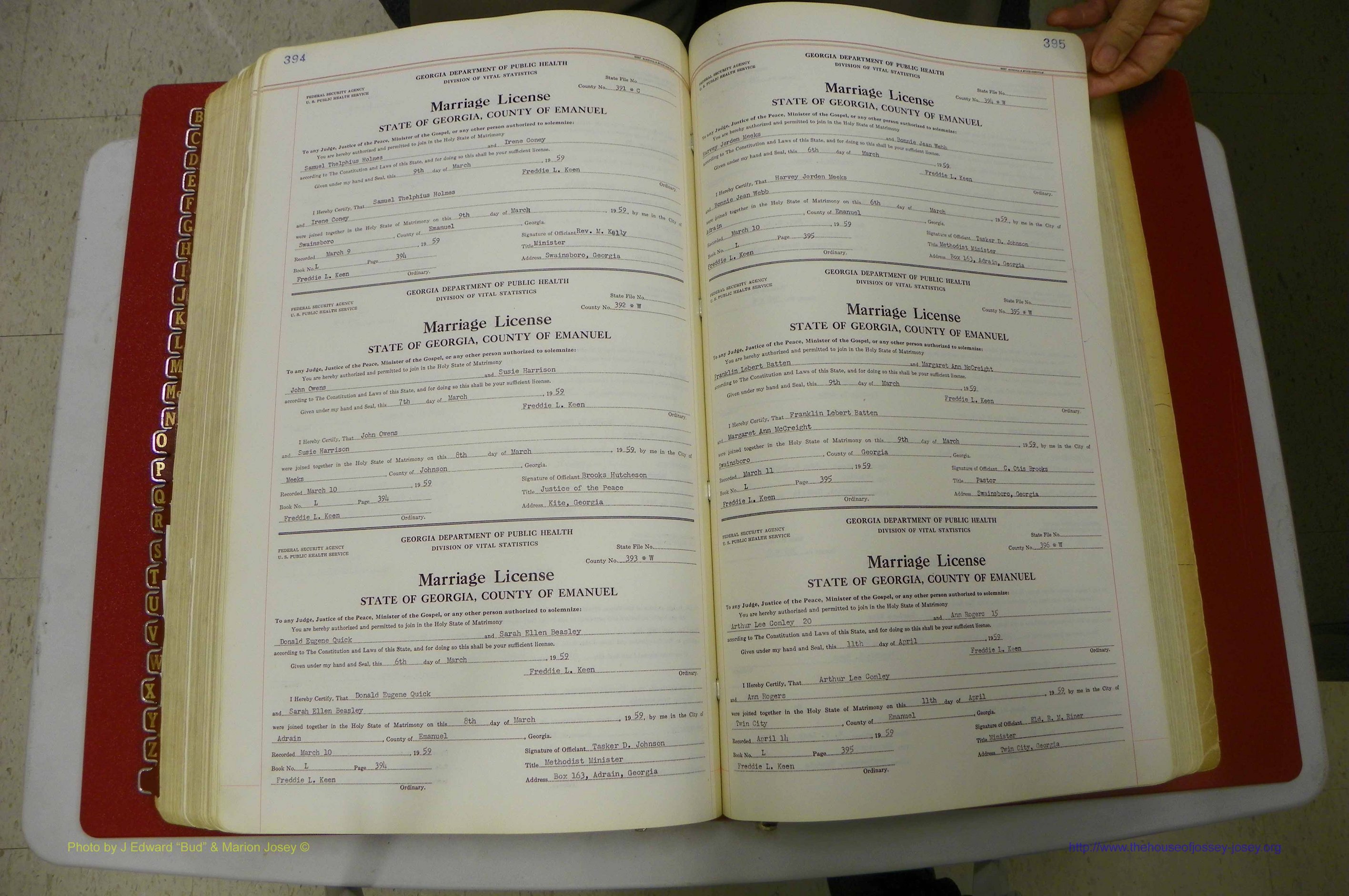 Emanuel Co, GA, Marriages Book L, 1952 - 1962, P 394-395.JPG