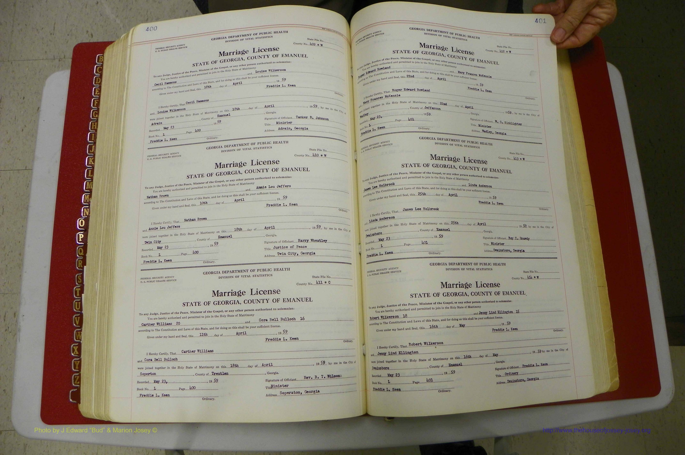 Emanuel Co, GA, Marriages Book L, 1952 - 1962, P 400-401.JPG
