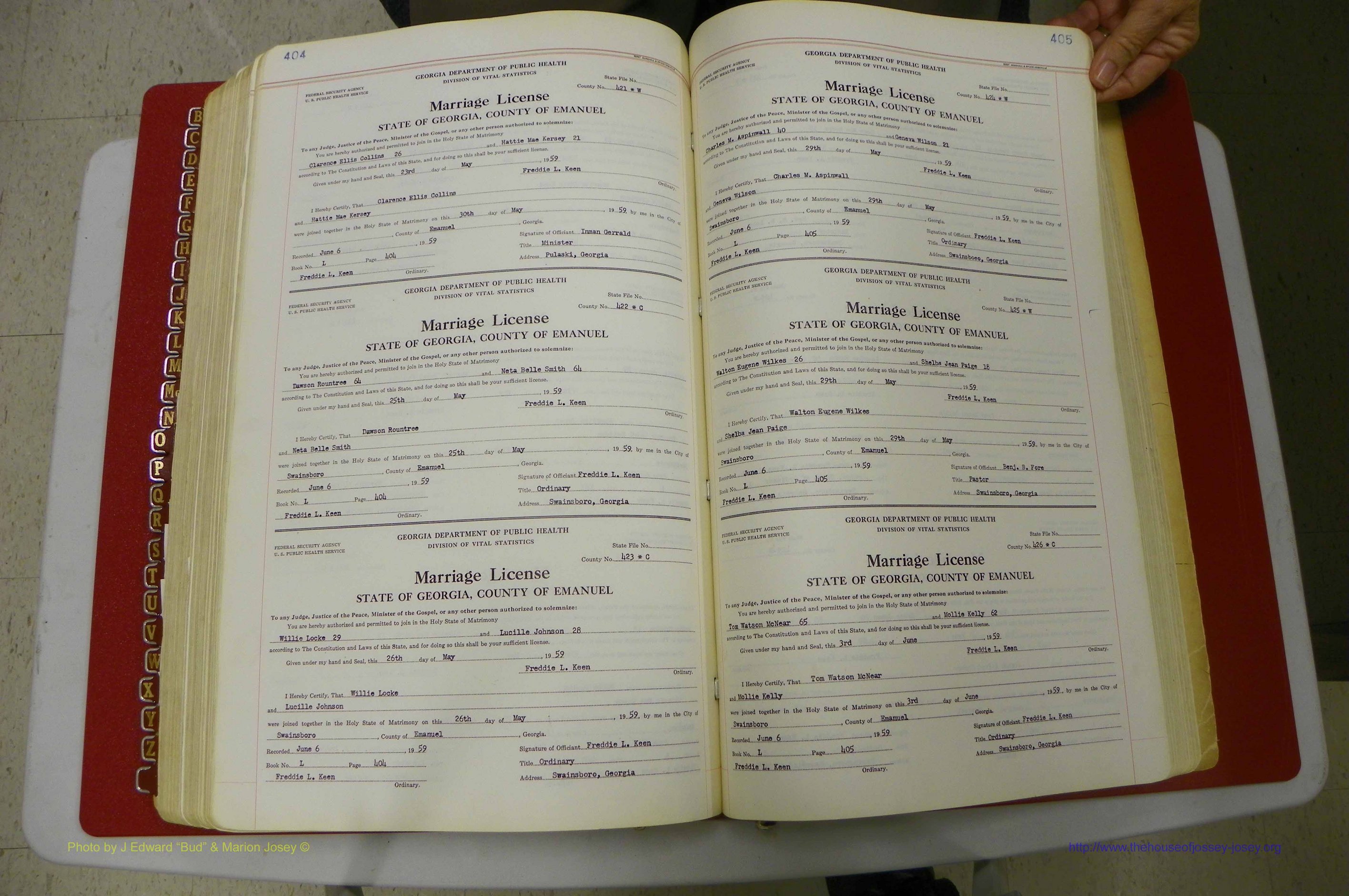 Emanuel Co, GA, Marriages Book L, 1952 - 1962, P 404-405.JPG