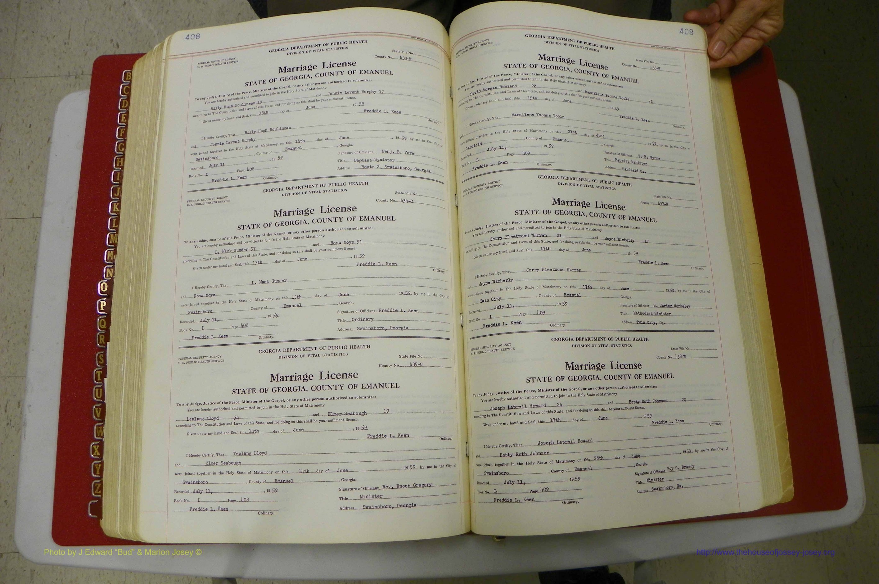 Emanuel Co, GA, Marriages Book L, 1952 - 1962, P 408-409.JPG