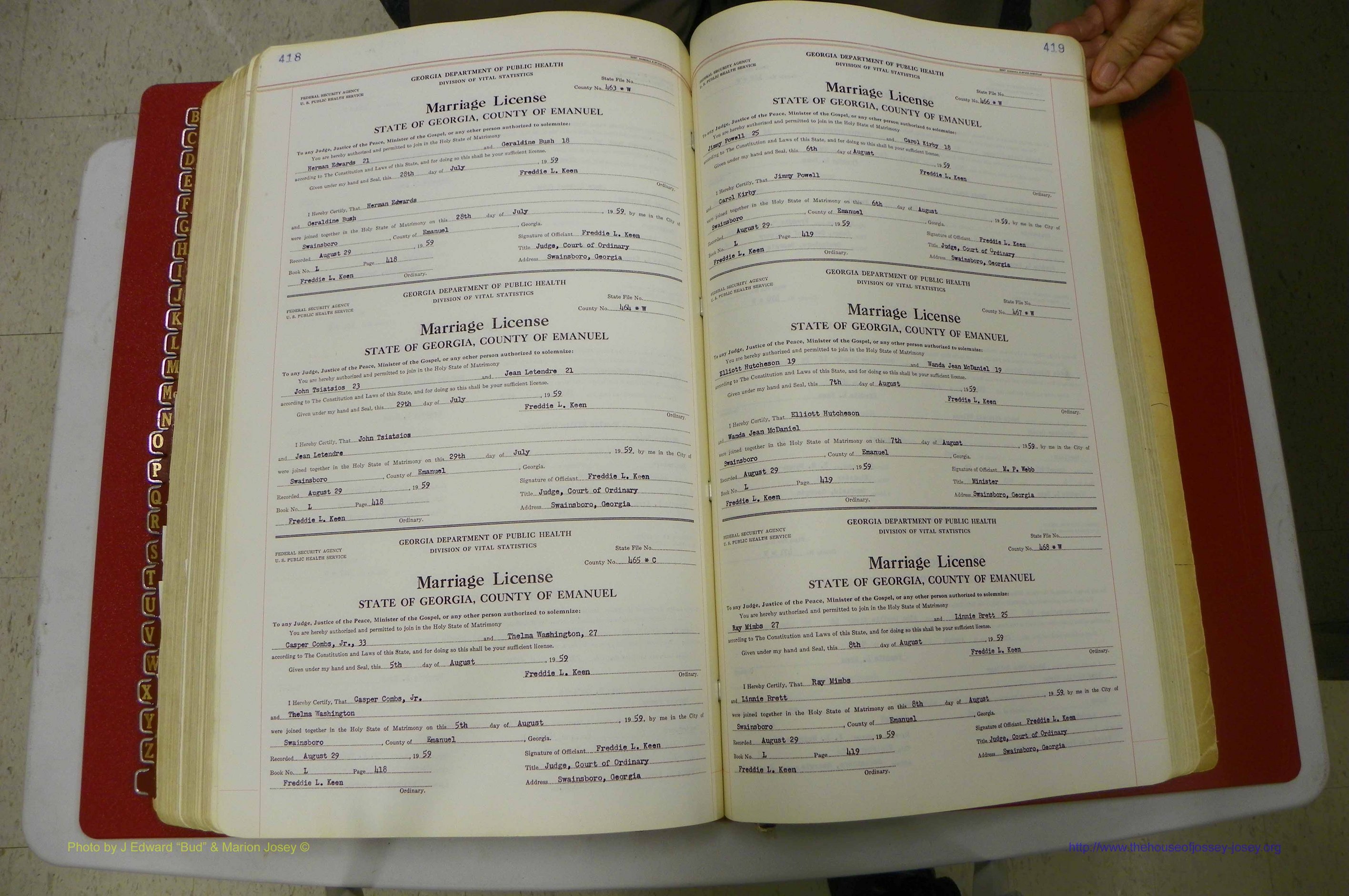 Emanuel Co, GA, Marriages Book L, 1952 - 1962, P 418-419.JPG