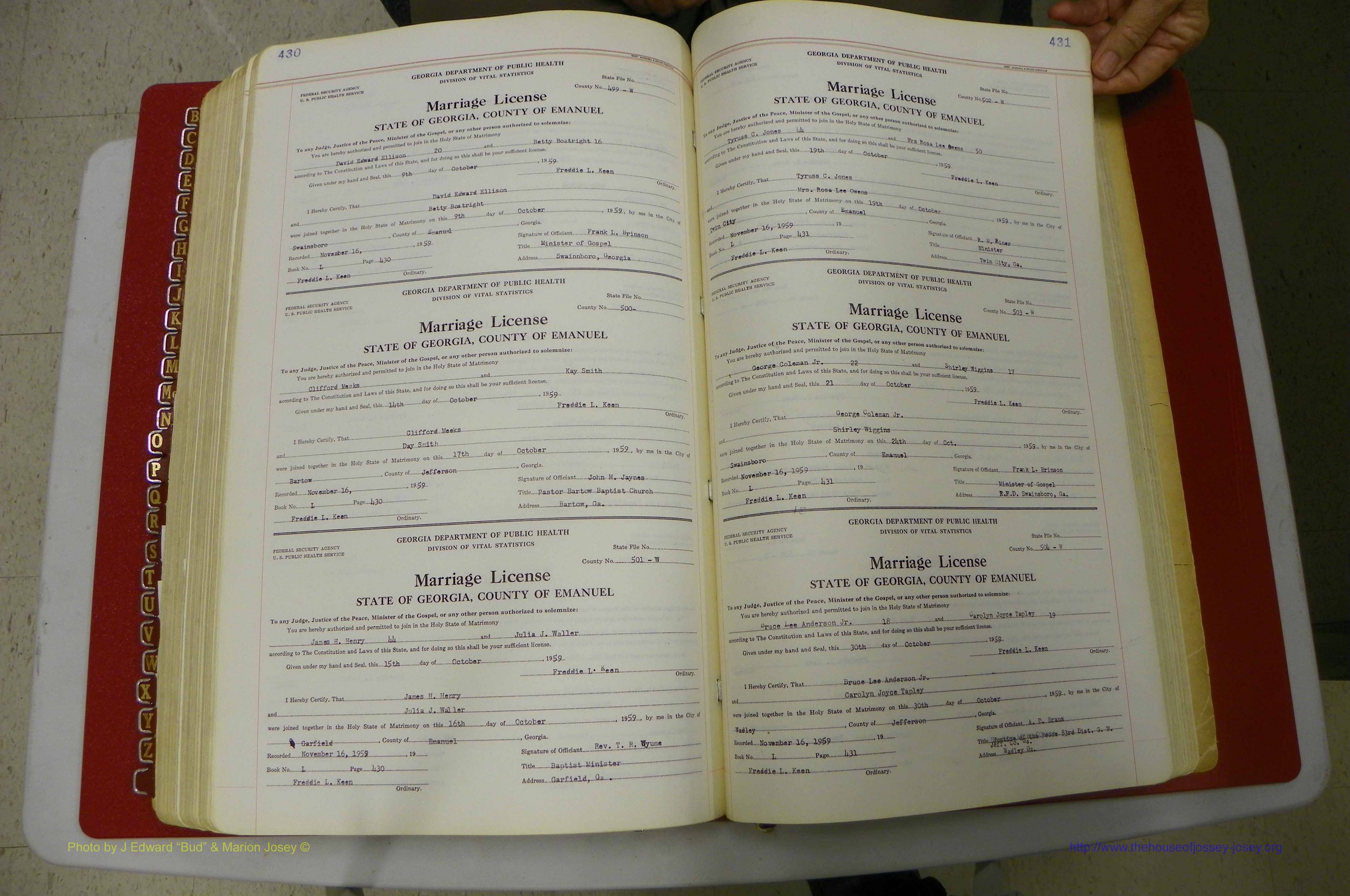 Emanuel Co, GA, Marriages Book L, 1952 - 1962, P 430-431.JPG