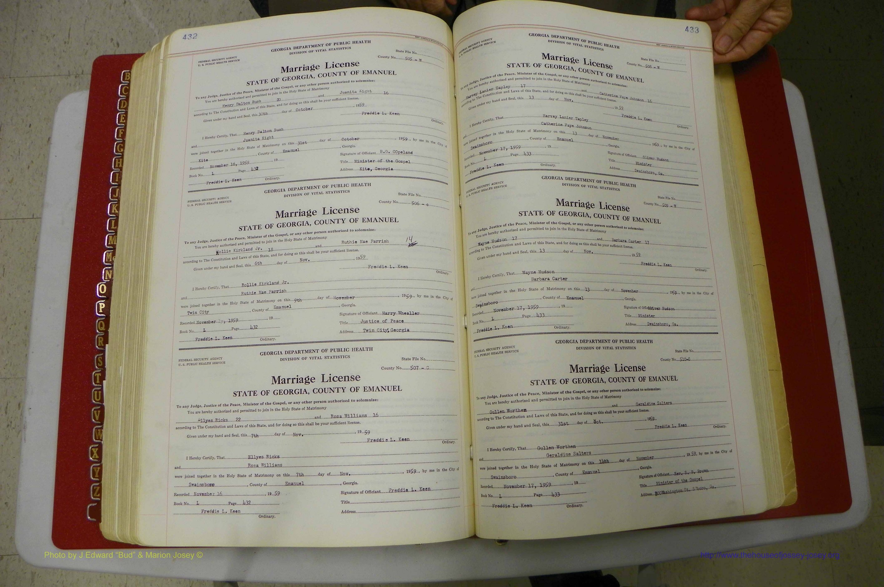 Emanuel Co, GA, Marriages Book L, 1952 - 1962, P 432-433.JPG
