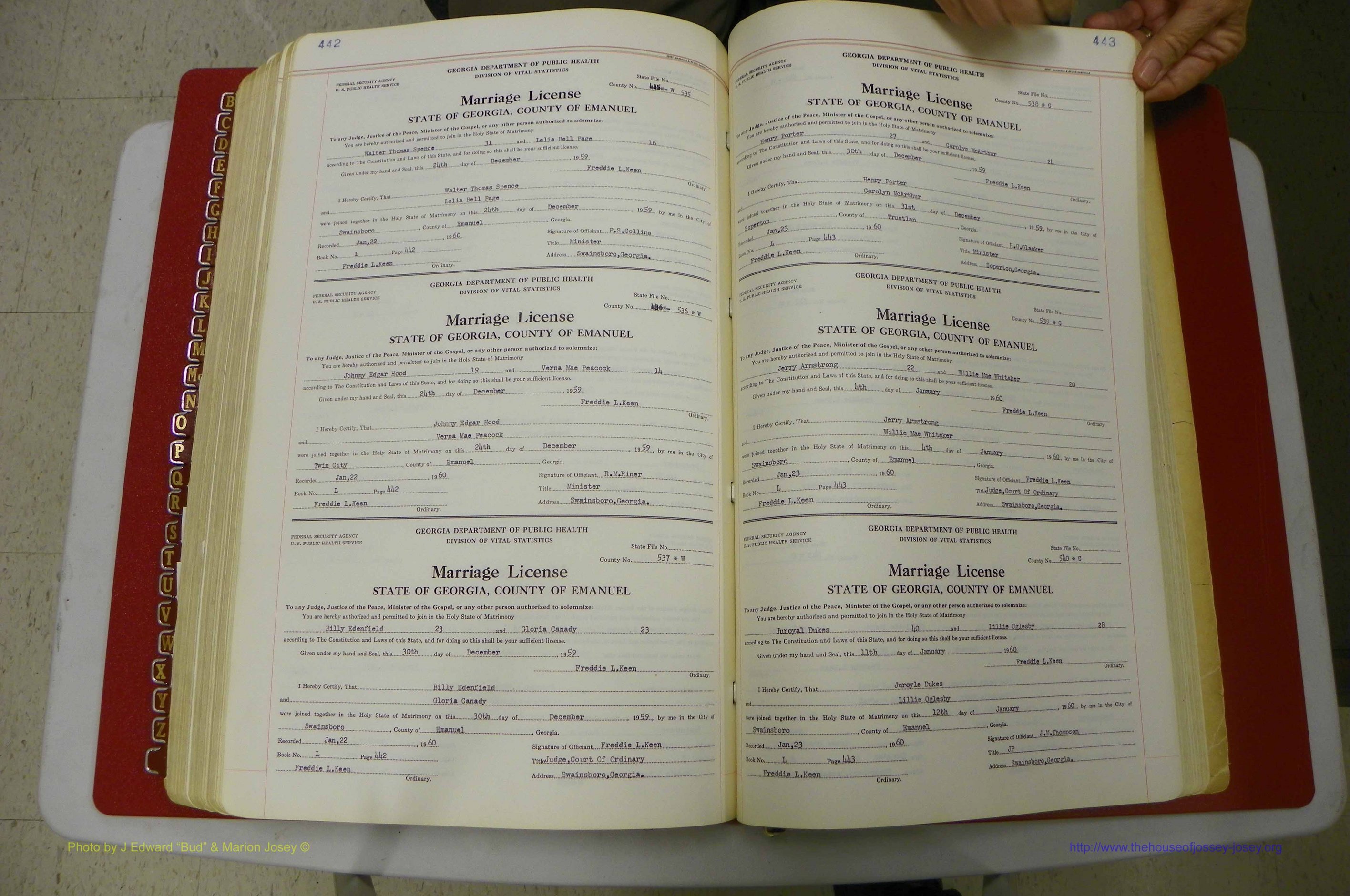 Emanuel Co, GA, Marriages Book L, 1952 - 1962, P 442-443.JPG