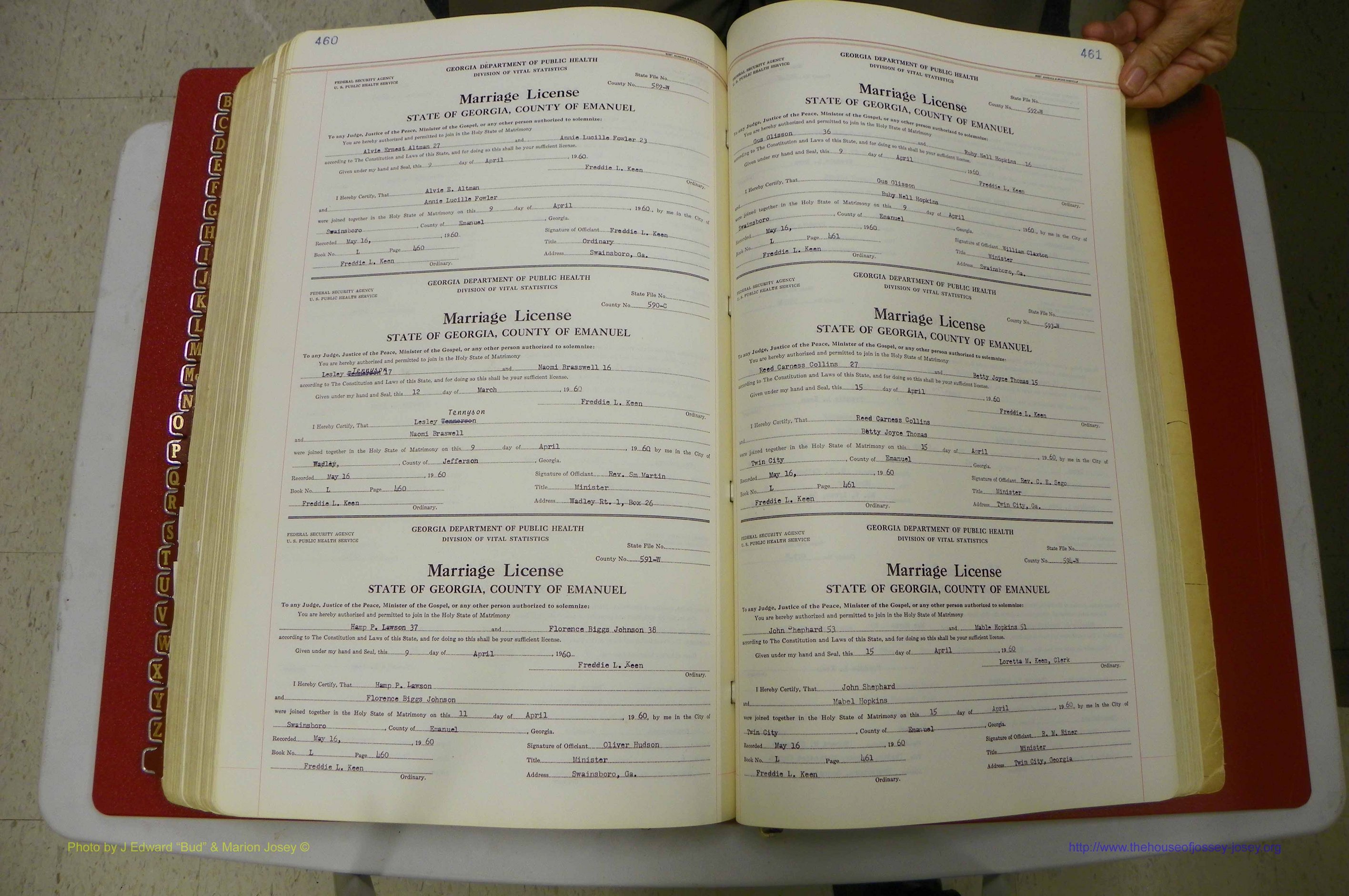Emanuel Co, GA, Marriages Book L, 1952 - 1962, P 460-461.JPG