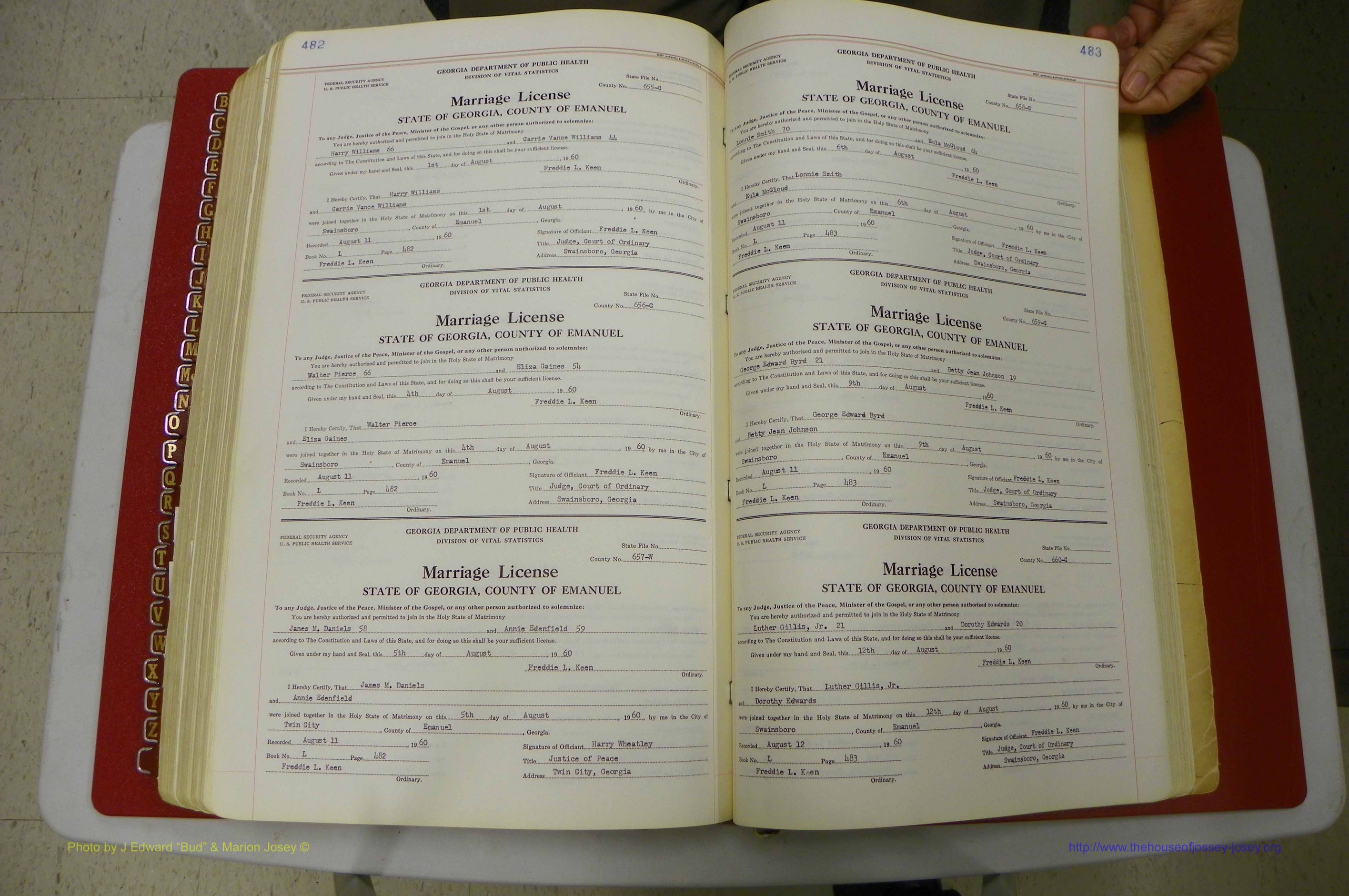 Emanuel Co, GA, Marriages Book L, 1952 - 1962, P 482-483.JPG