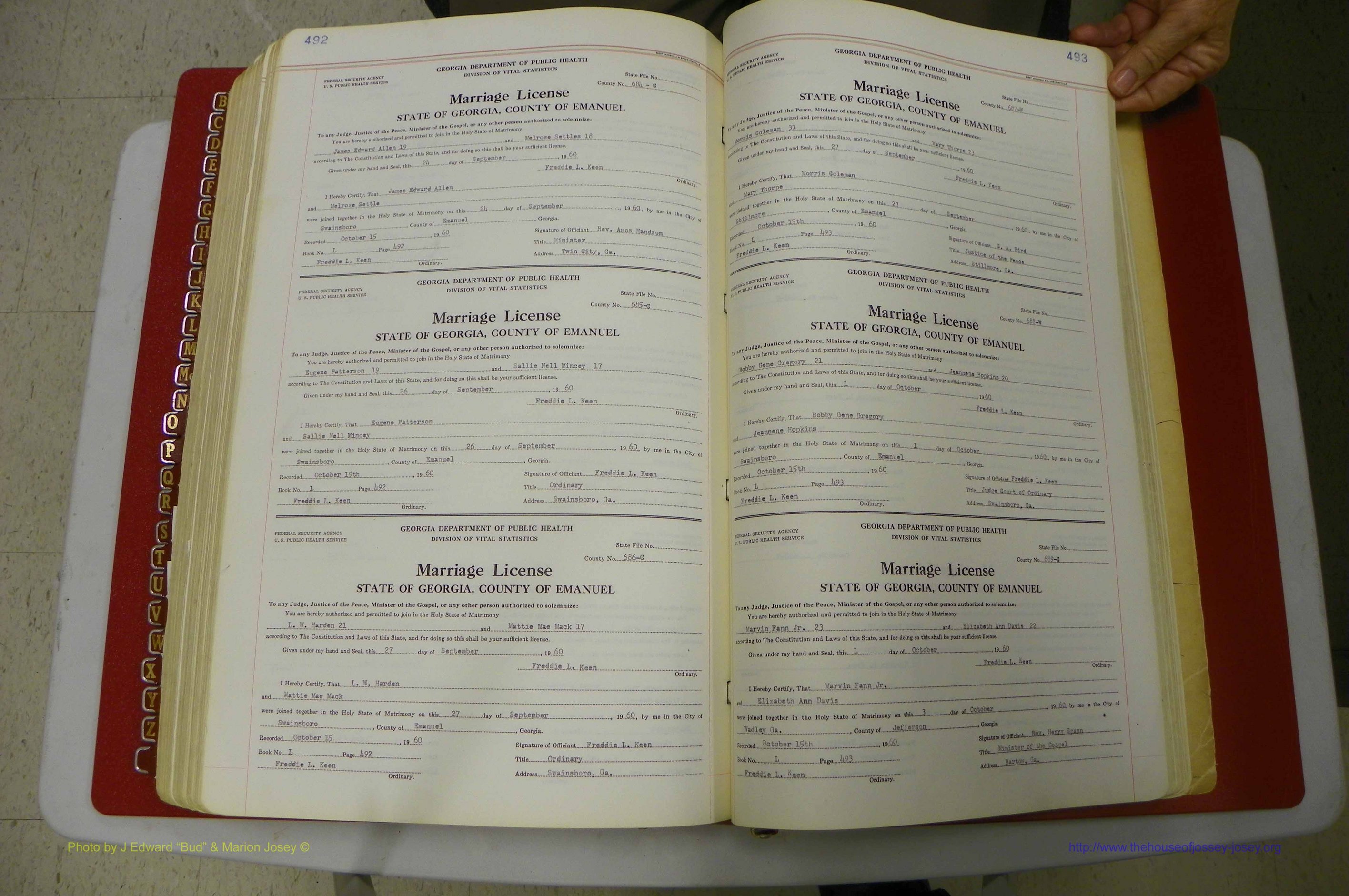 Emanuel Co, GA, Marriages Book L, 1952 - 1962, P 492-493.JPG