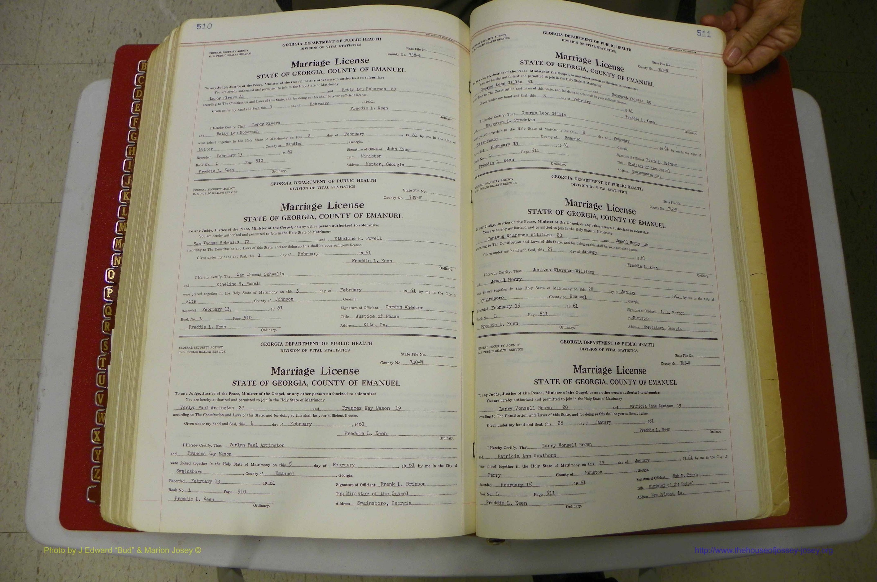 Emanuel Co, GA, Marriages Book L, 1952 - 1962, P 510-511.JPG