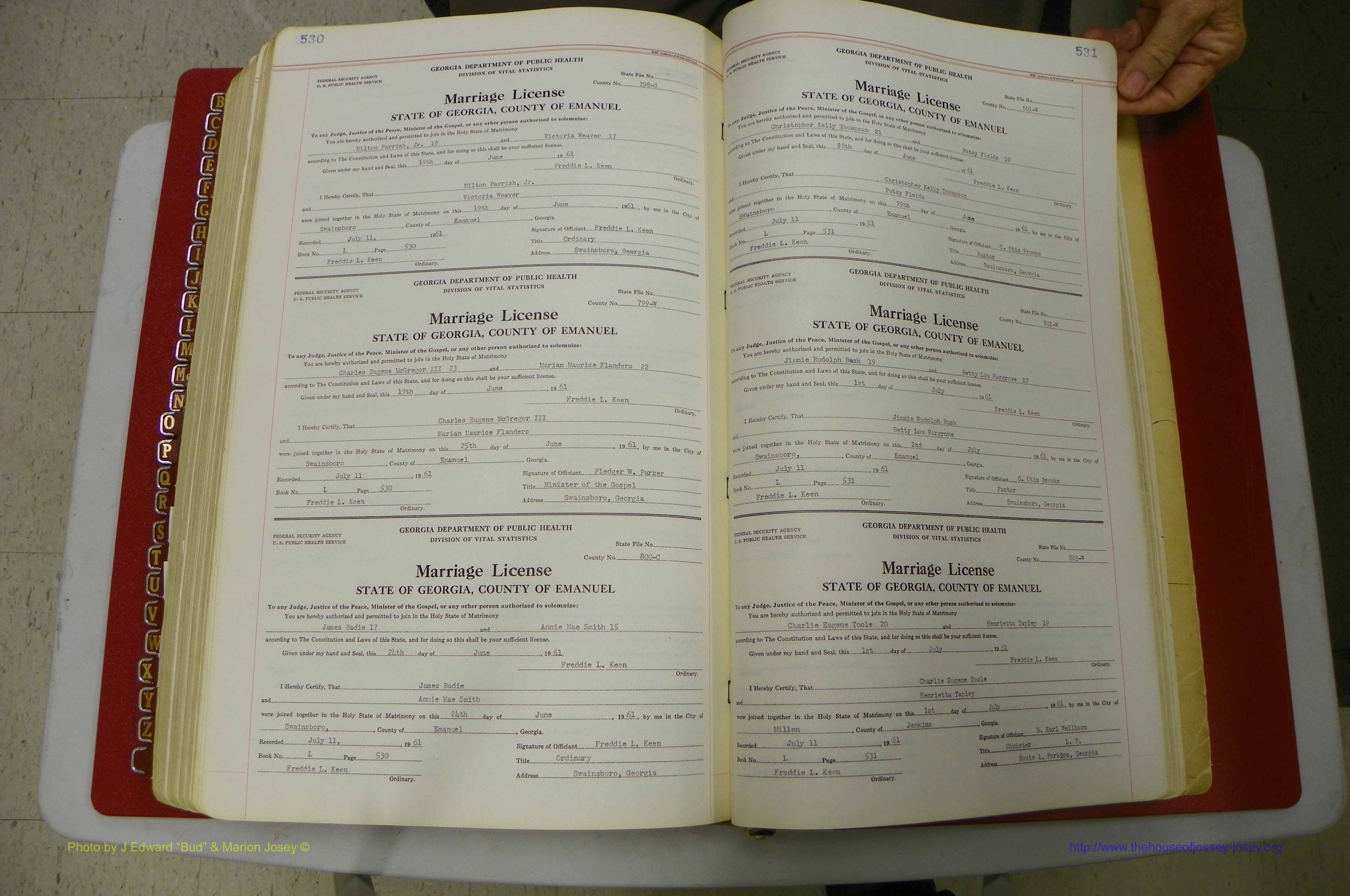 Emanuel Co, GA, Marriages Book L, 1952 - 1962, P 530-531.JPG