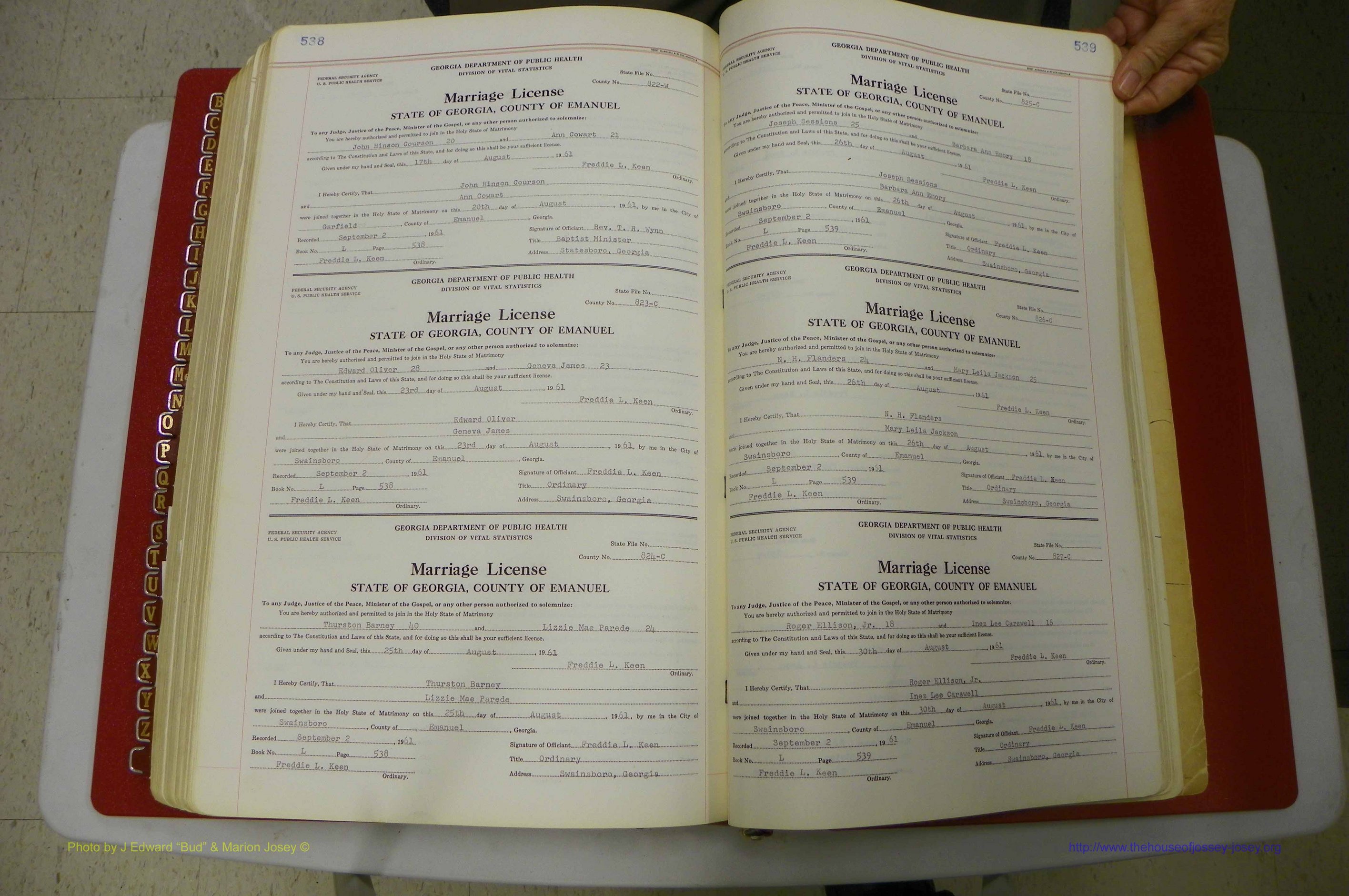 Emanuel Co, GA, Marriages Book L, 1952 - 1962, P 538-539.JPG