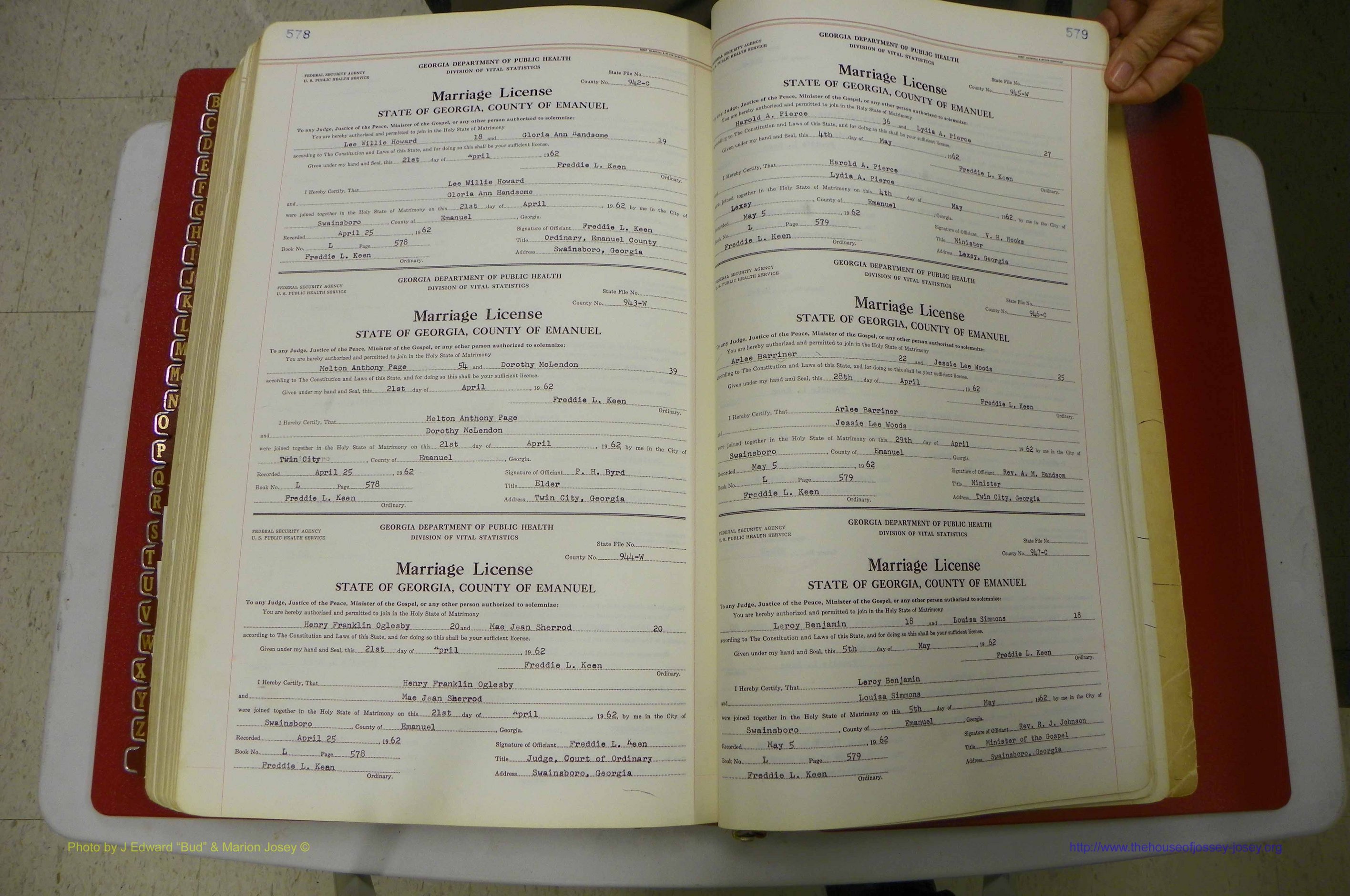 Emanuel Co, GA, Marriages Book L, 1952 - 1962, P 578-579.JPG
