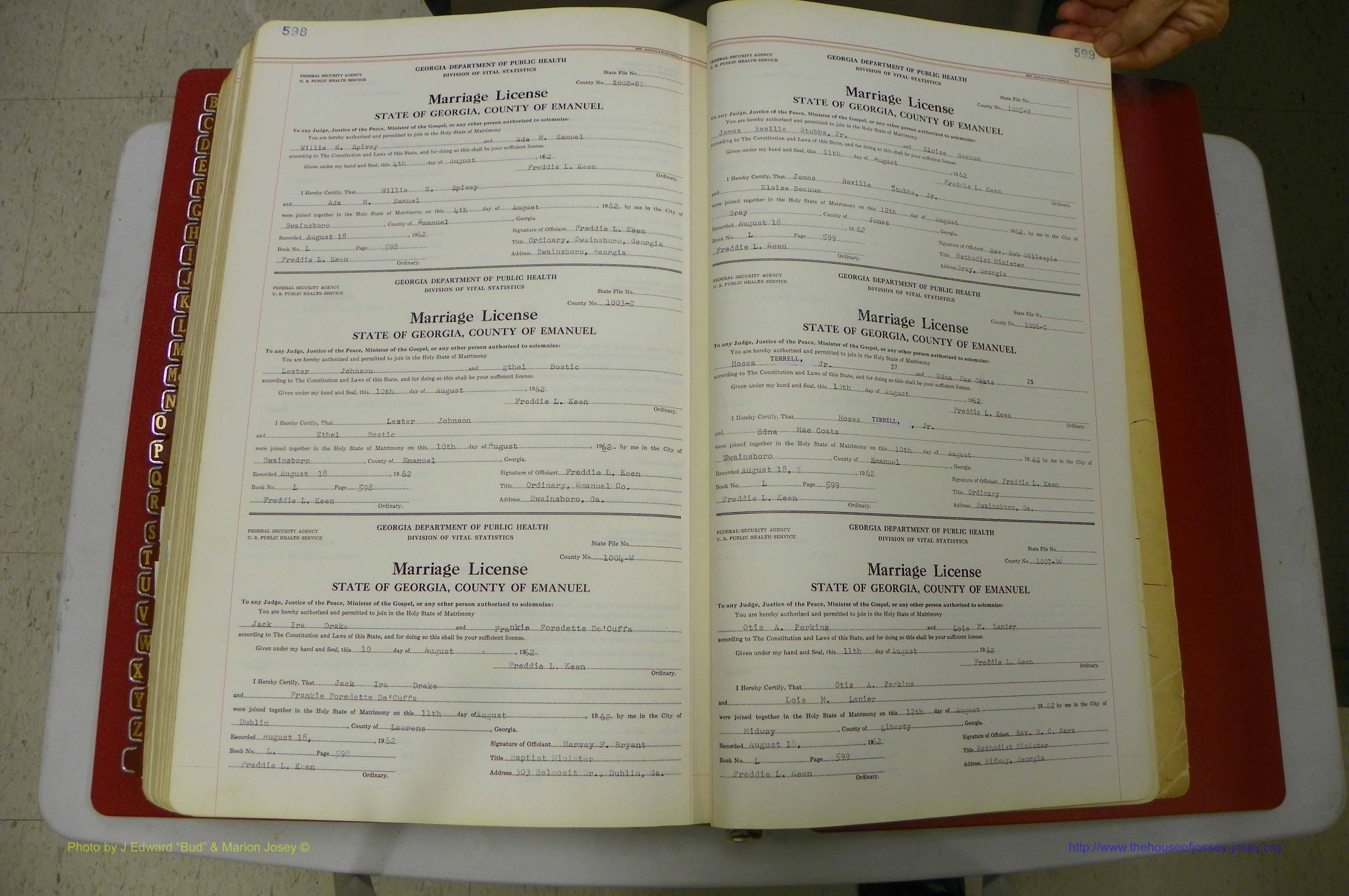 Emanuel Co, GA, Marriages Book L, 1952 - 1962, P 598-599.JPG