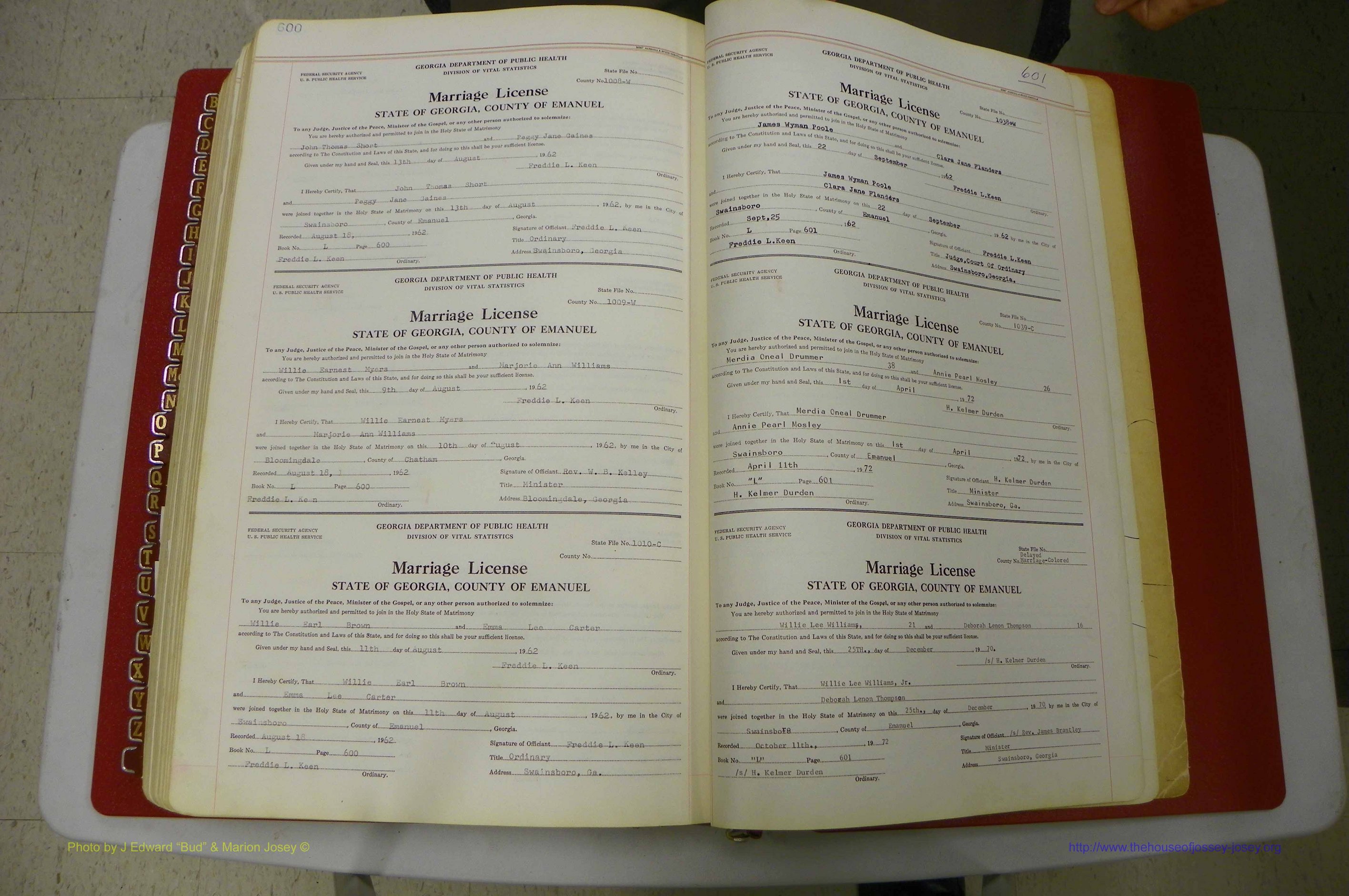 Emanuel Co, GA, Marriages Book L, 1952 - 1962, P 600-601.JPG