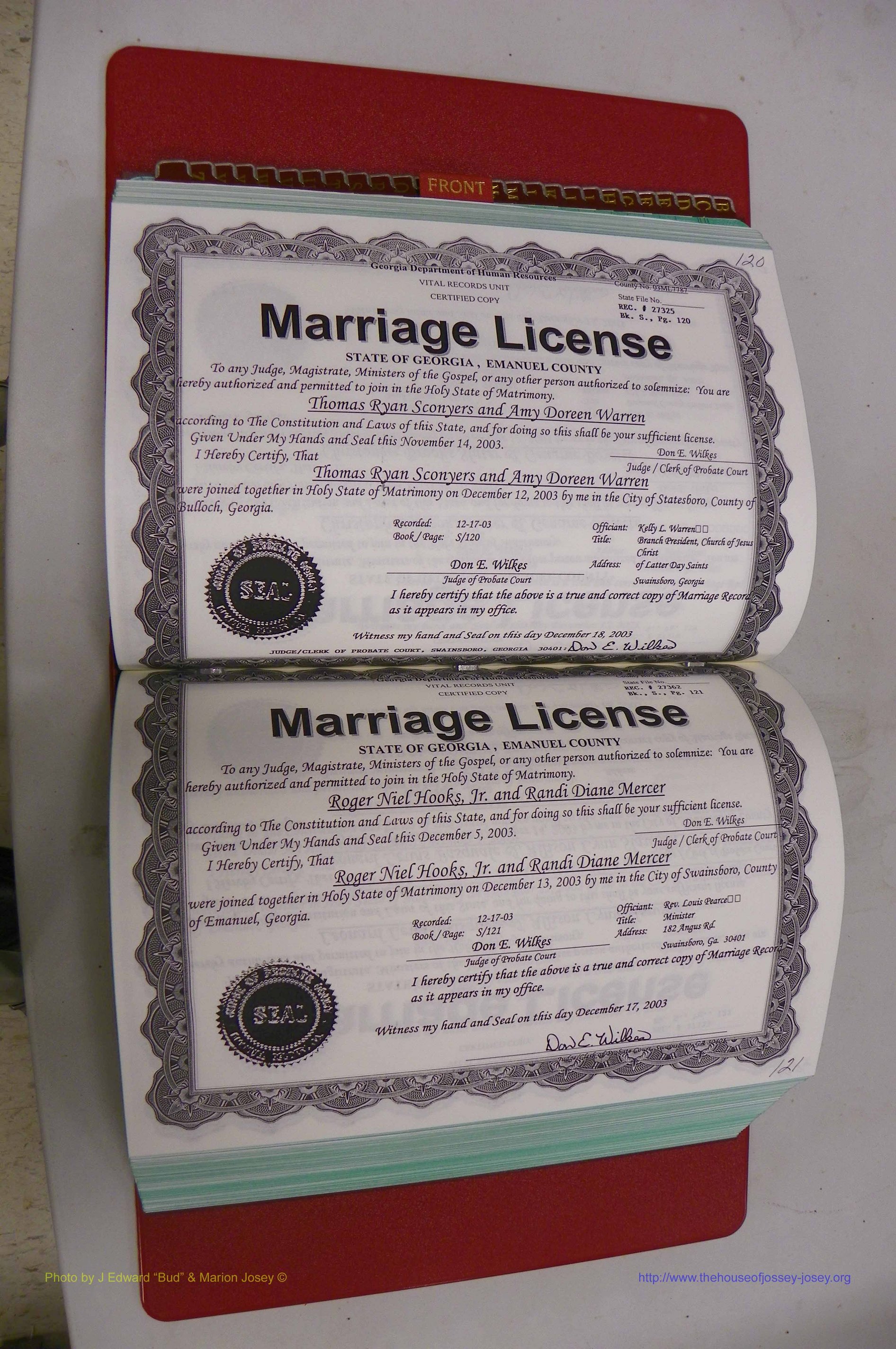 Emanuel Co, GA, Marriages Book S, 2003 - 2006, P 120-121.JPG