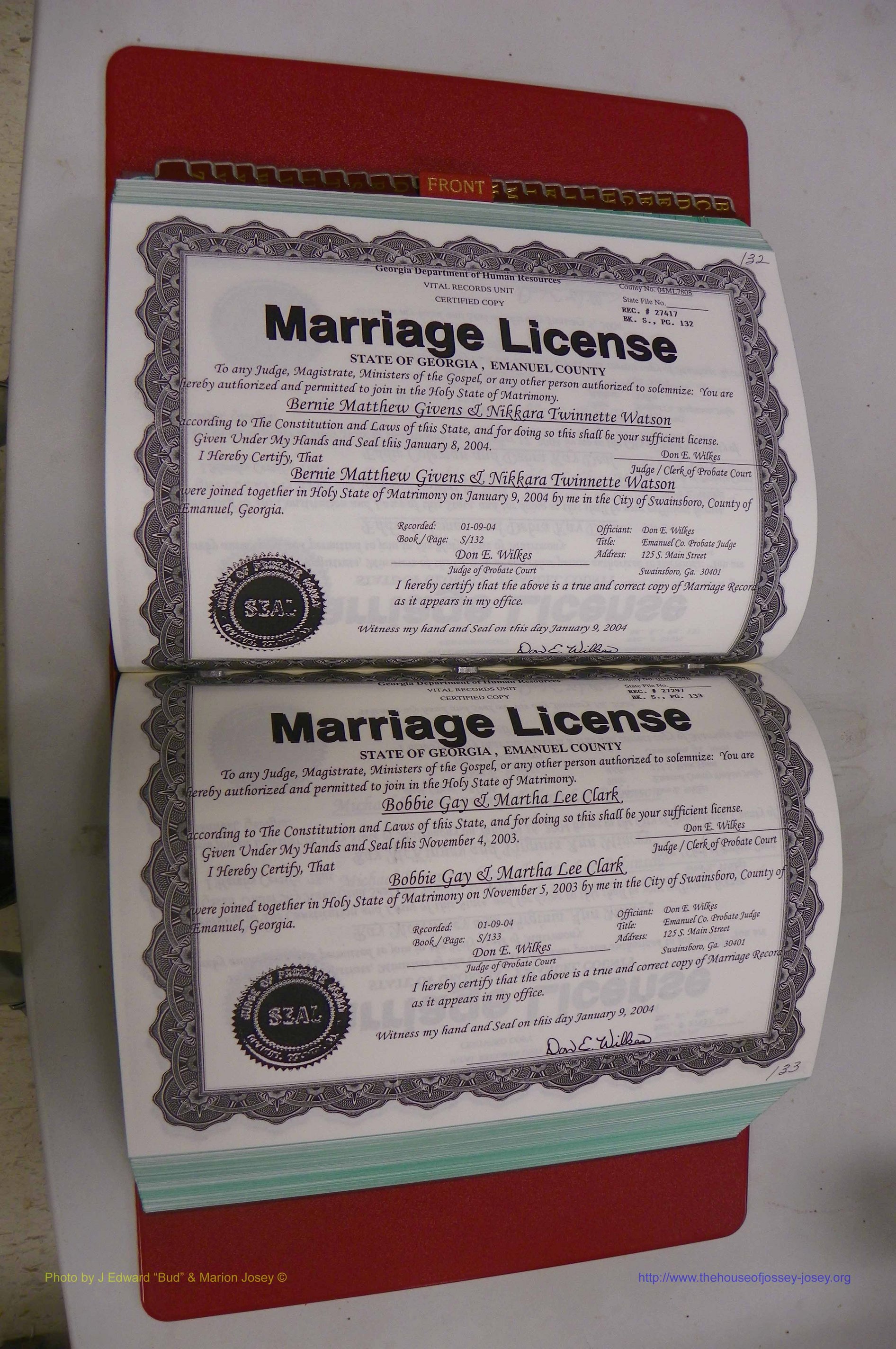 Emanuel Co, GA, Marriages Book S, 2003 - 2006, P 132-133.JPG