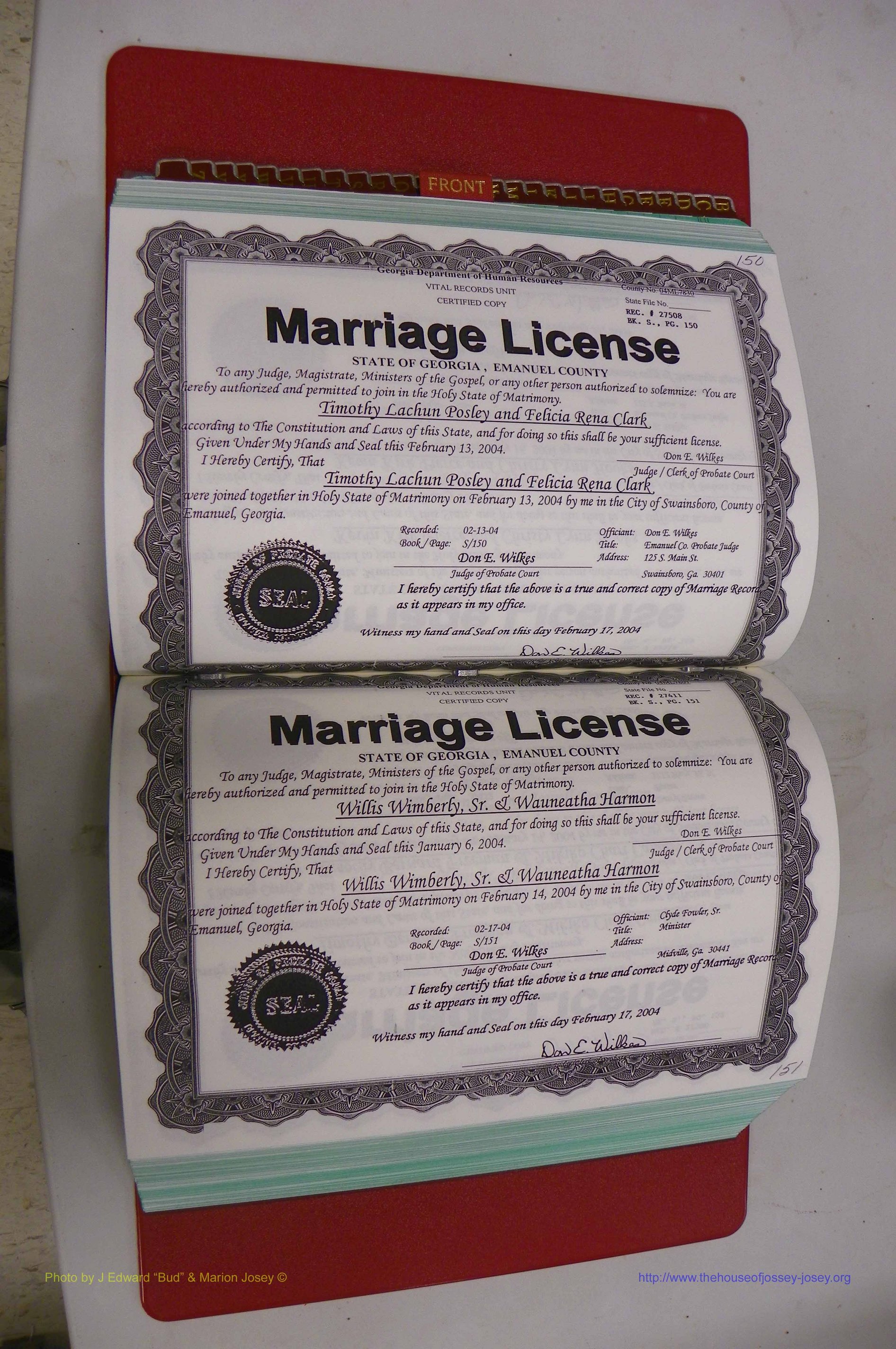 Emanuel Co, GA, Marriages Book S, 2003 - 2006, P 150-151.JPG