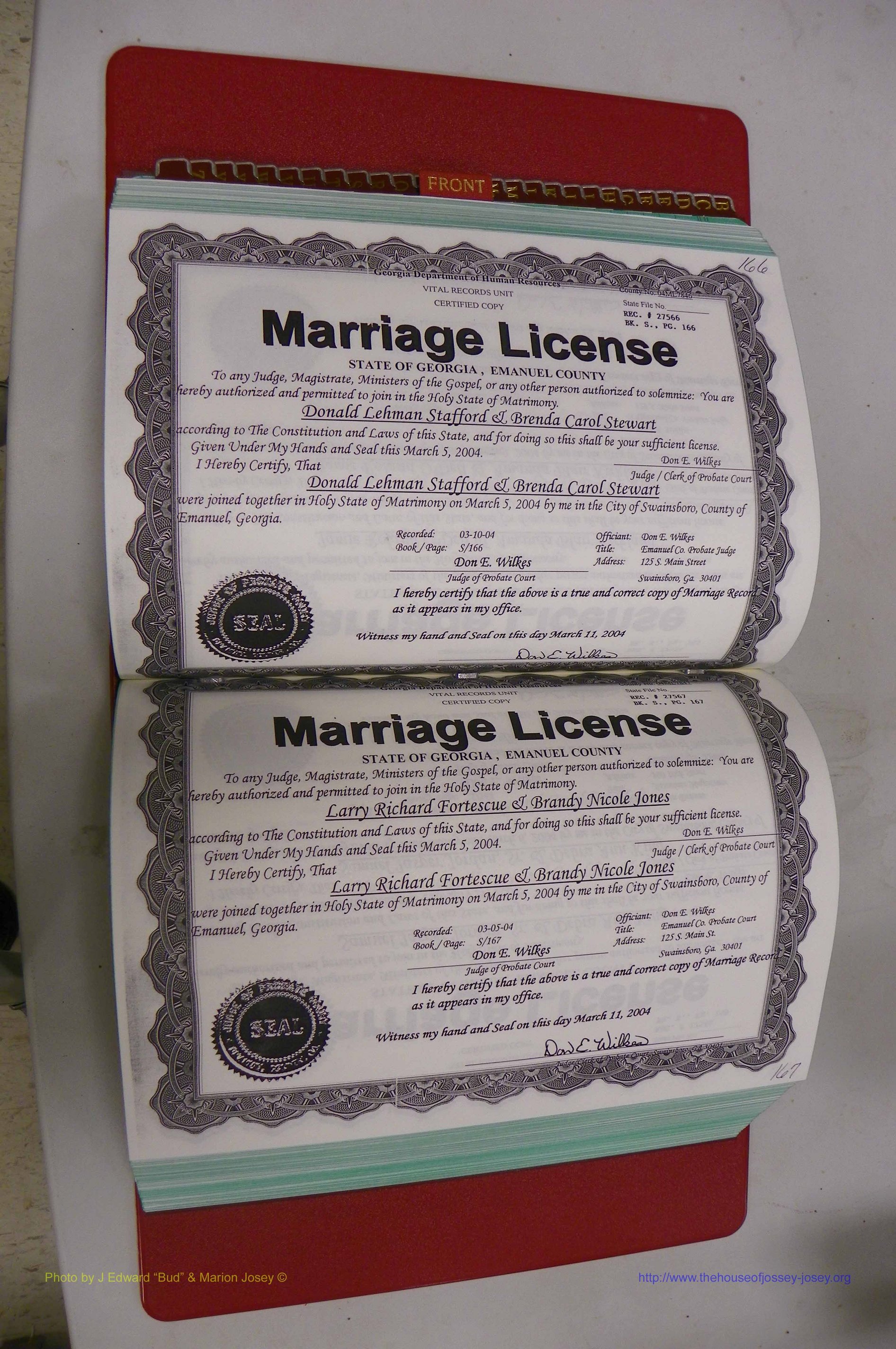 Emanuel Co, GA, Marriages Book S, 2003 - 2006, P 166-167.JPG