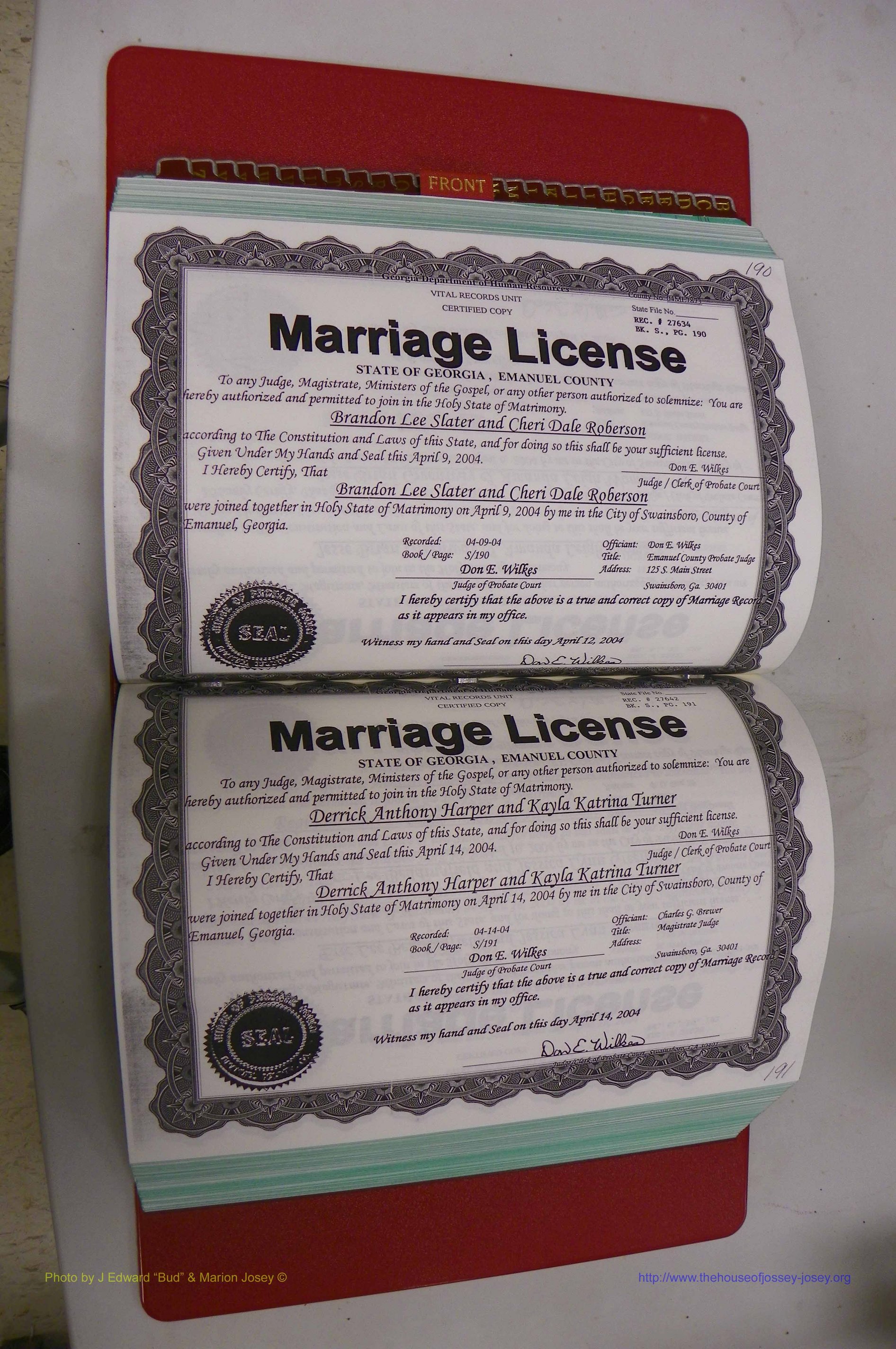 Emanuel Co, GA, Marriages Book S, 2003 - 2006, P 190-191.JPG