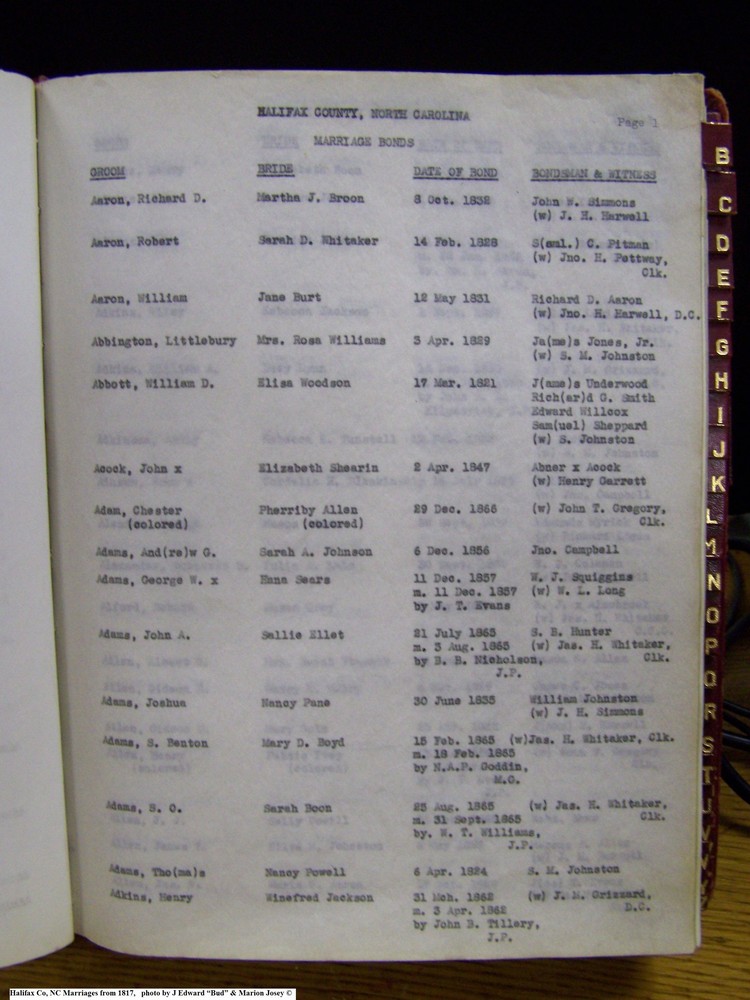 Index A-1, pg 1, Halifax Co, NC, Marriage Bonds from 1817 014.jpg