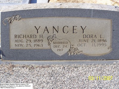 Yancey, Richard H & Dora L, Bethel Primitive Baptist Church Cemetery, McKenzie, Covington Co 086.jpg