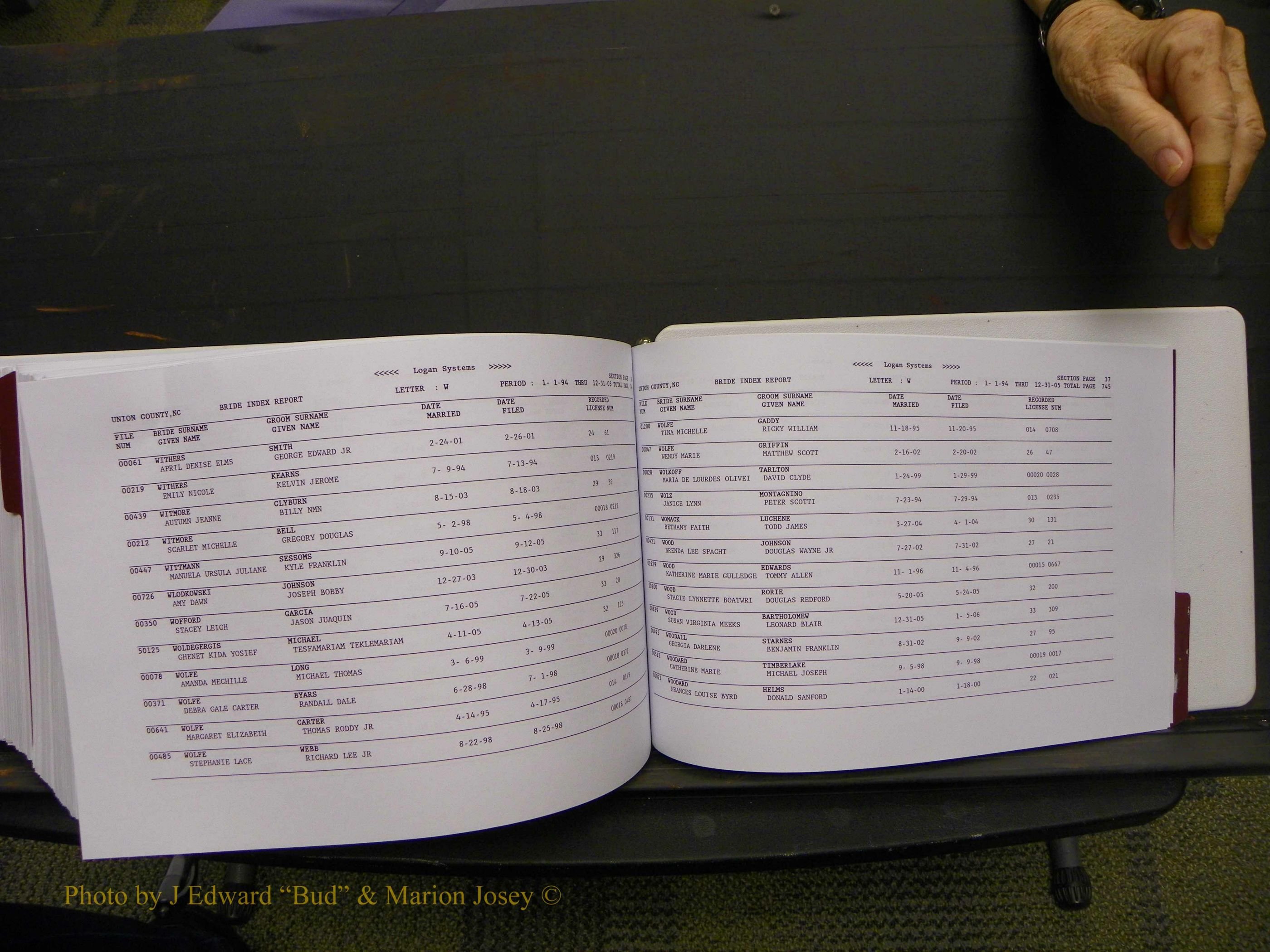 Union Co, NC Marriages Male & Female Index, 1993-2005 (763).JPG