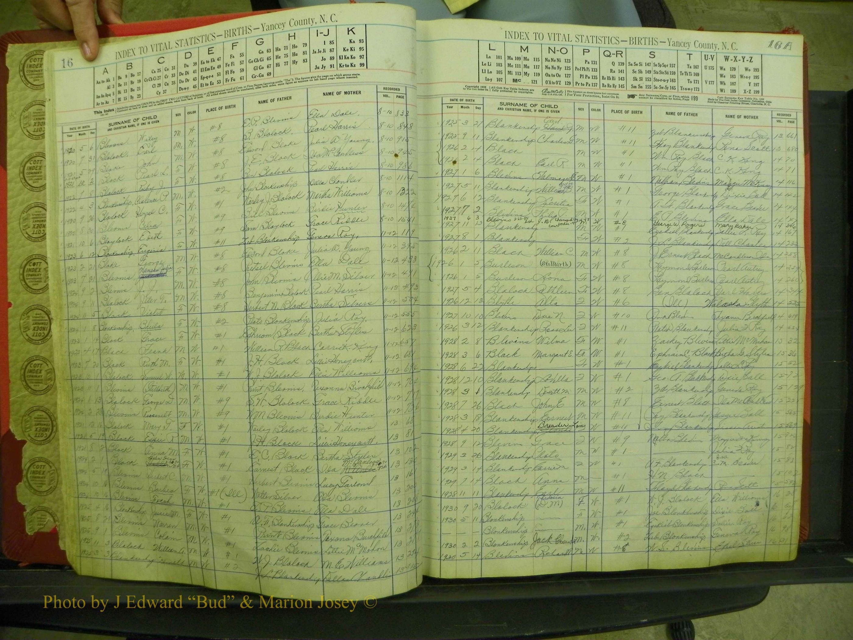 Yancey Births, 1913-1939, Index B, 16-16a.JPG