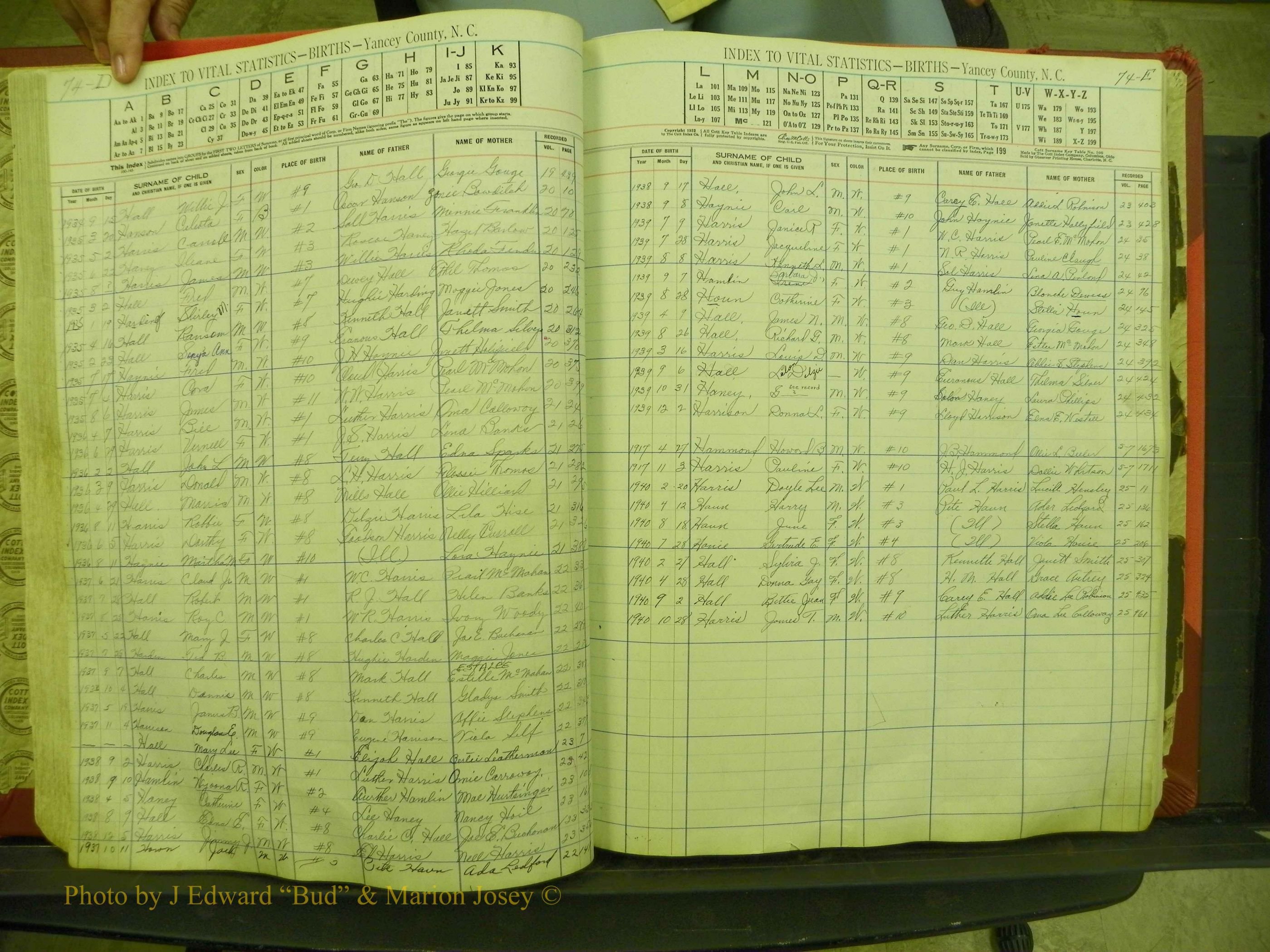 Yancey Births, 1913-1939, Index H, 74d-74e.JPG