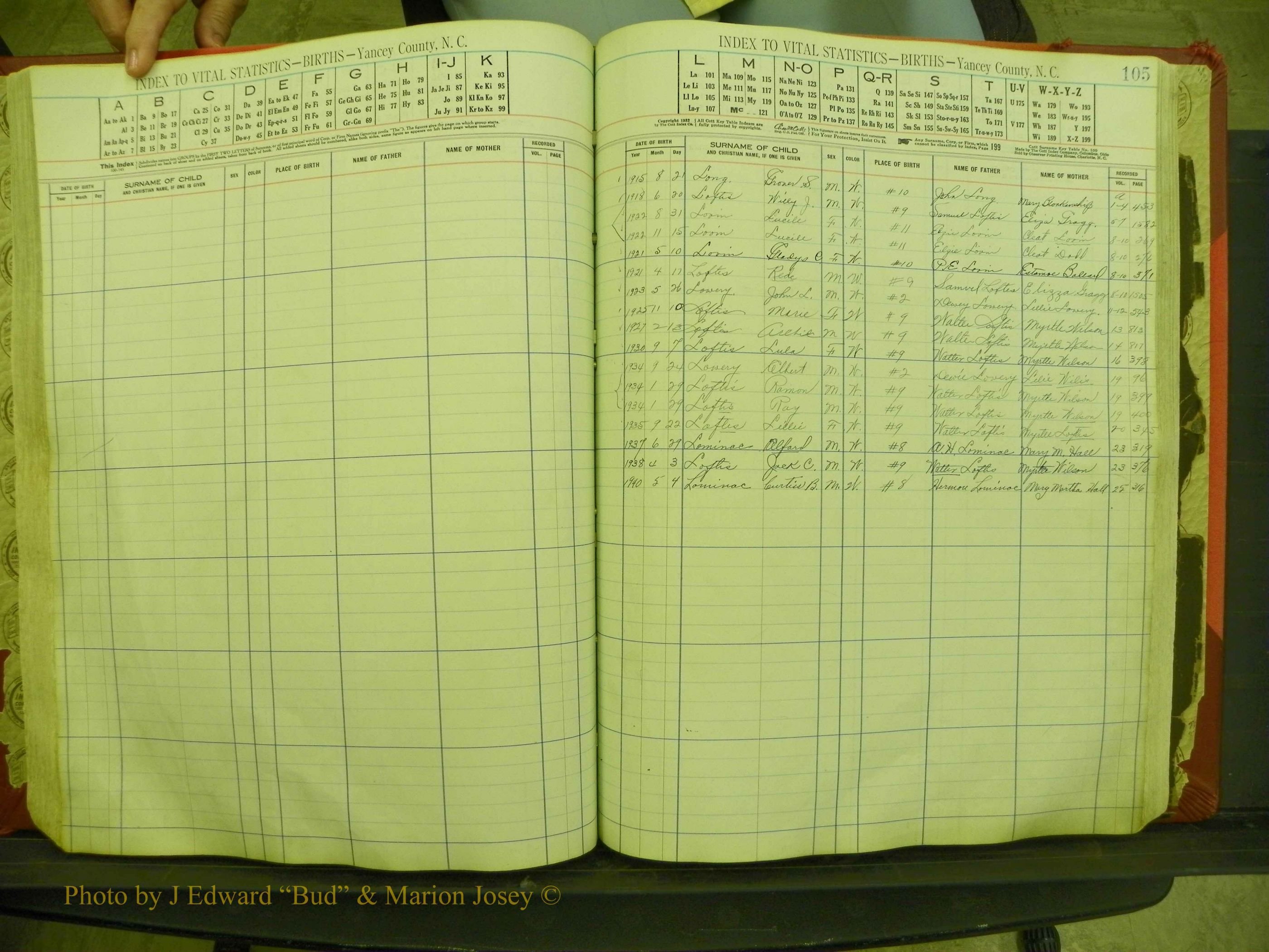 Yancey Births, 1913-1939, Index L, 105.JPG